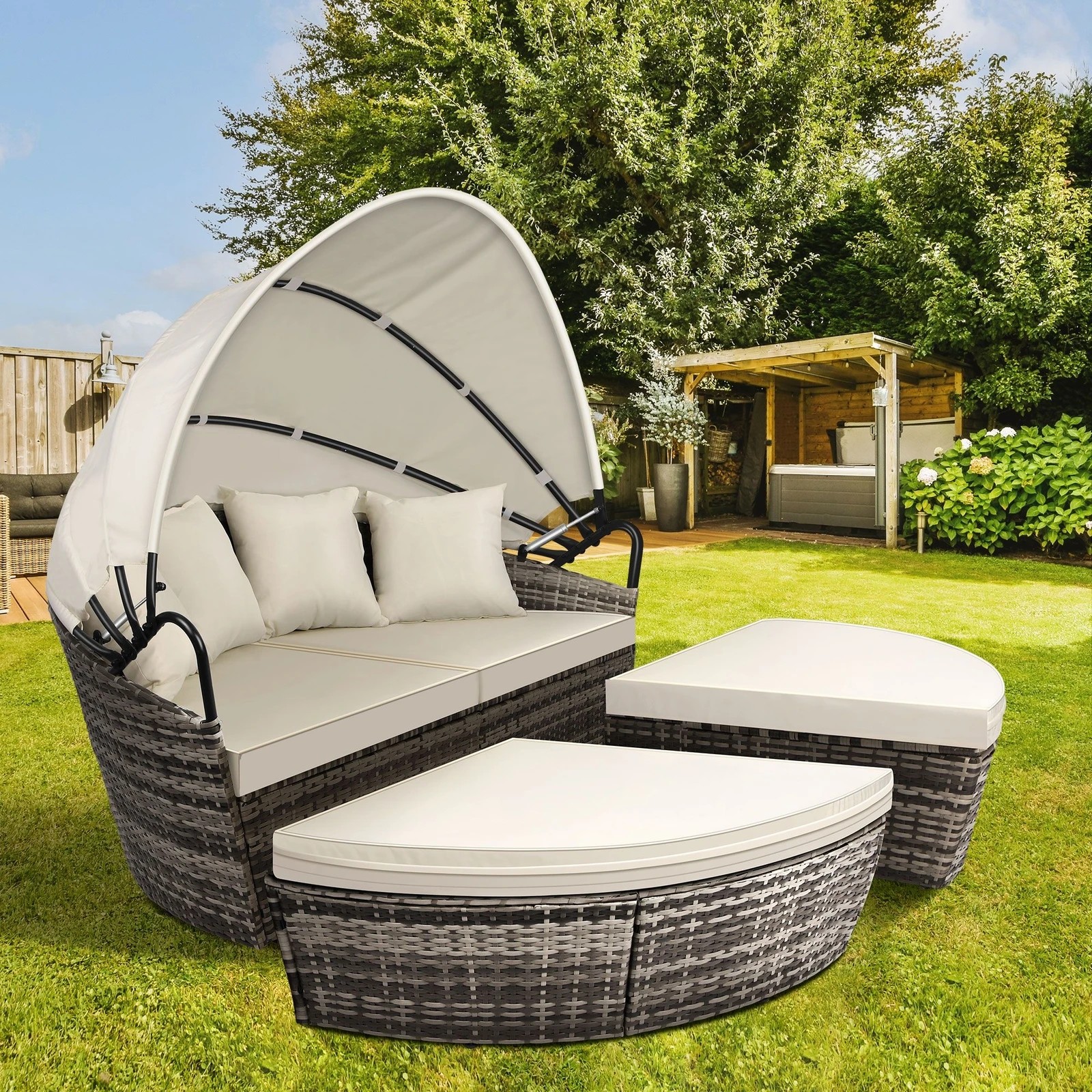 9 Alfordson Outdoor Sun Lounge Day Bed Wicker Furniture Sofa Bed Garden 3PCS - Beige, 9 of 10