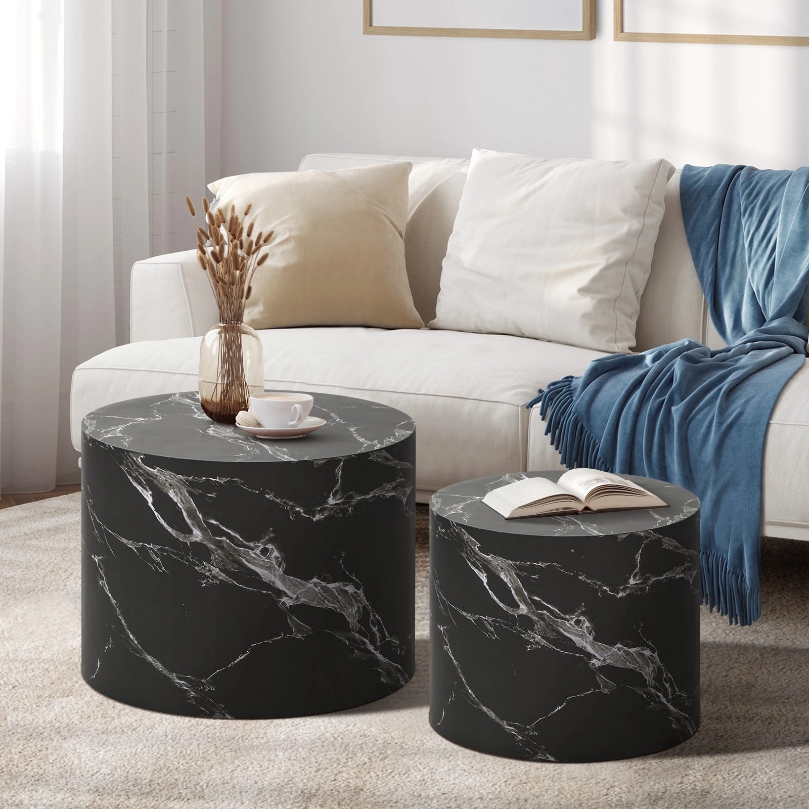 2 Oikiture Coffee Table Set Of 2 Round Side Tables Sofa Cafe Marble Effect
 - Black, 2 of 10