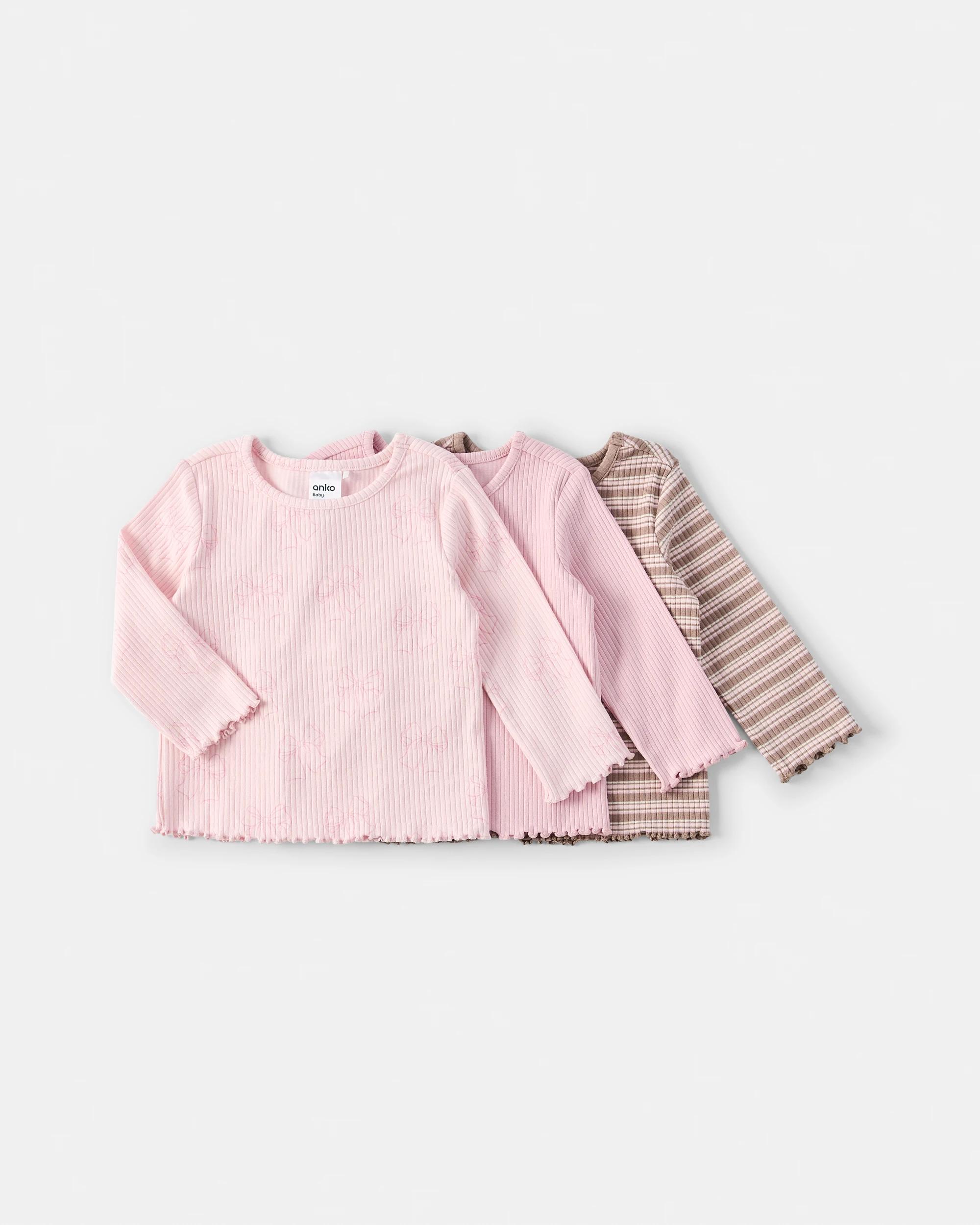 1 3 Pack Cotton Long Sleeve Ribbed T-shirt Pnk Strp, 1 of 8