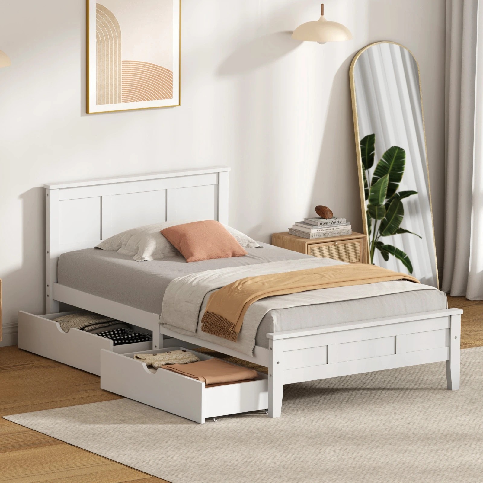 1 Oikiture King Single Wooden Bed Frame Platform with Headboard 2 Storage Drawers - White, 1 of 10