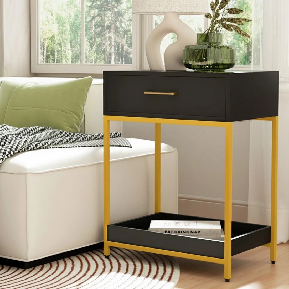 5 Artiss Bedside Table 1 Drawer with Shelf - MASON - Black, 5 of 7