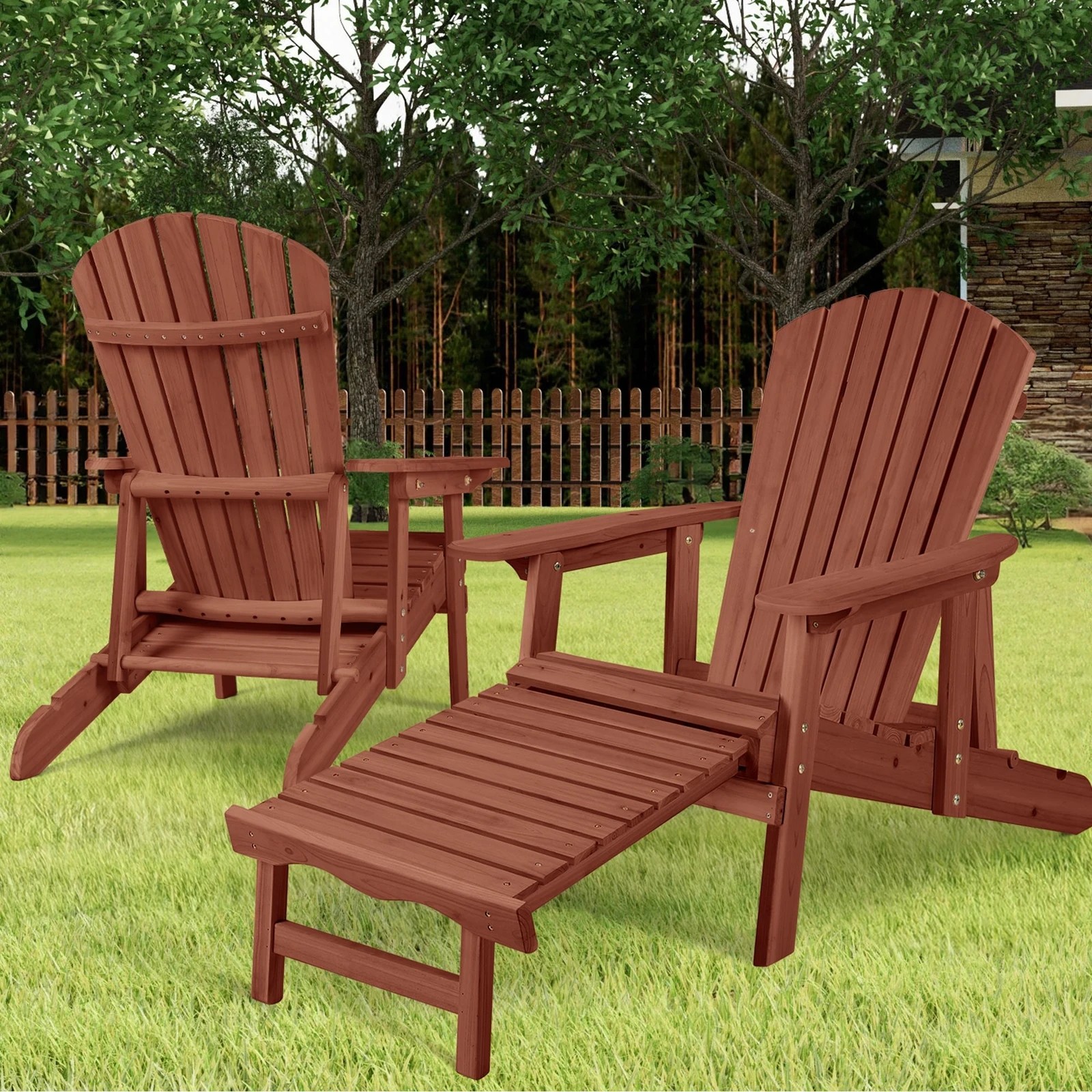2 Alfordson 2x Outdoor Chairs Wooden Adirondack w/ Ottoman Patio Beach Garden - Brown, 2 of 10
