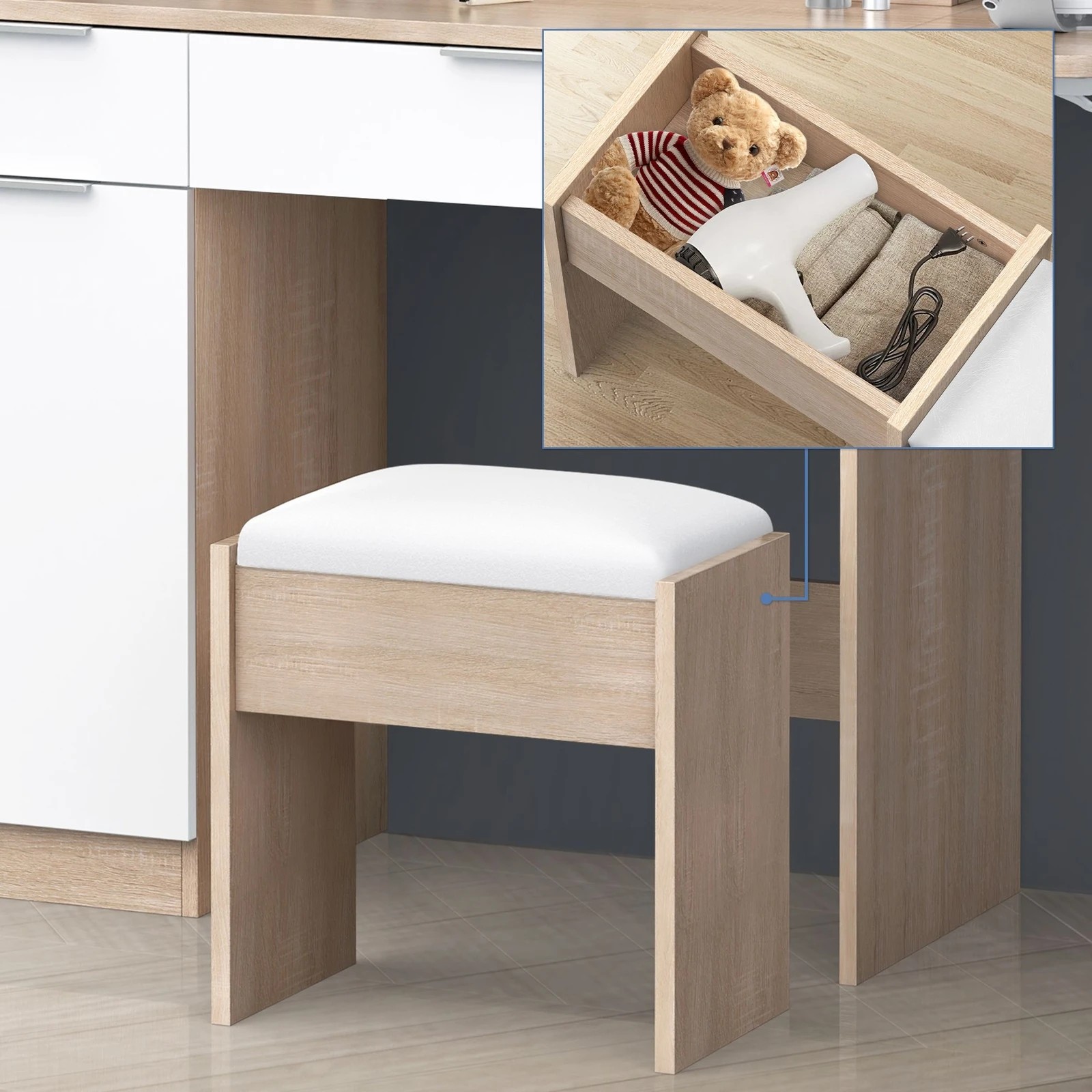 7 Alfordson Dressing Table Stool Set LED Vanity Desk Makeup Mirror Drawers - Oak, 7 of 10