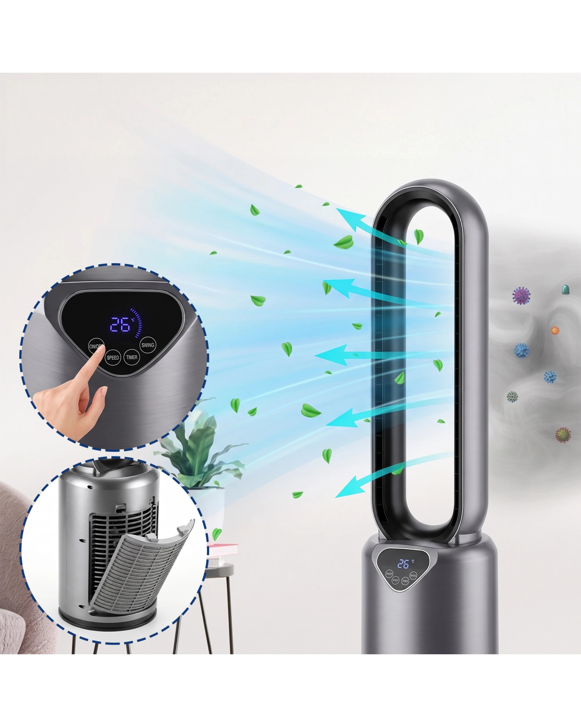 5 Advwin Bladeless Tower Fan with Air Purification Filter 24 Speeds 70° Oscillation 12H Timer Remote - Grey, 5 of 8
