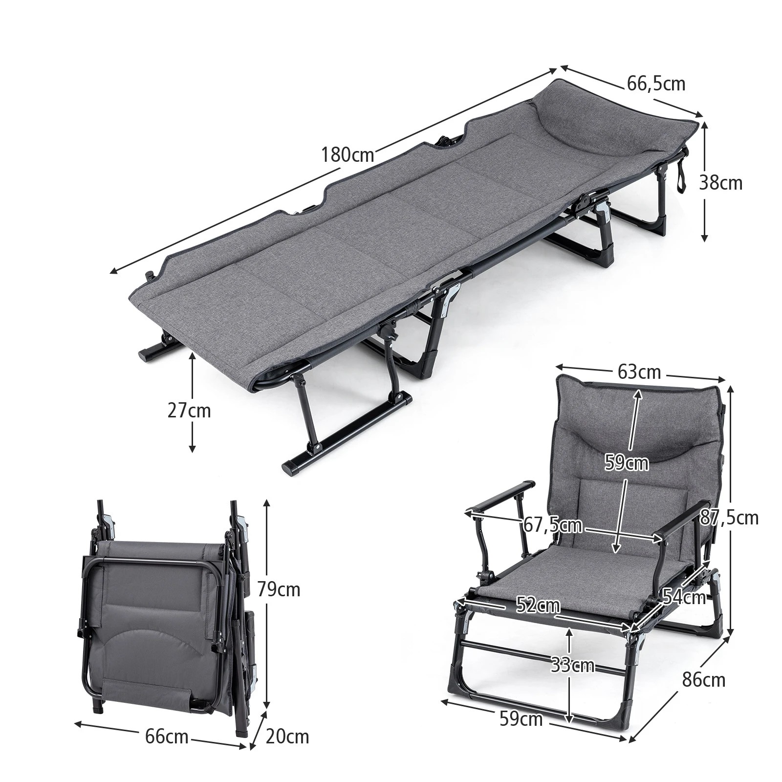 4 Costway 3 in 1 Folding Camping Cot Lounge Sleeper Bed Sofa Chair w/6-Position Adjustable, 4 of 4