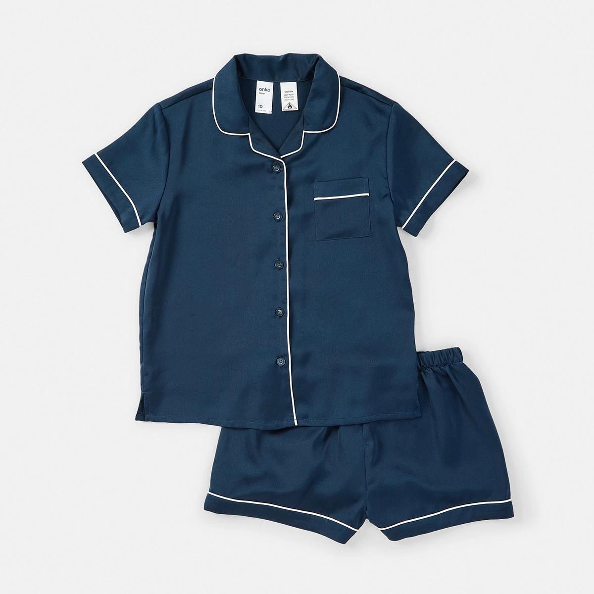 7 Short Sleeve Top and Shorts Satin Pyjama Set Dress Navy, 7 of 10