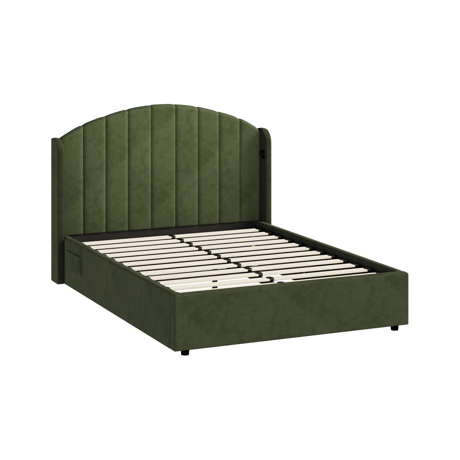 1 Oikiture Bed Frame Double Size With Gas Lift Storage USB Charging Velvet - Green, 1 of 9