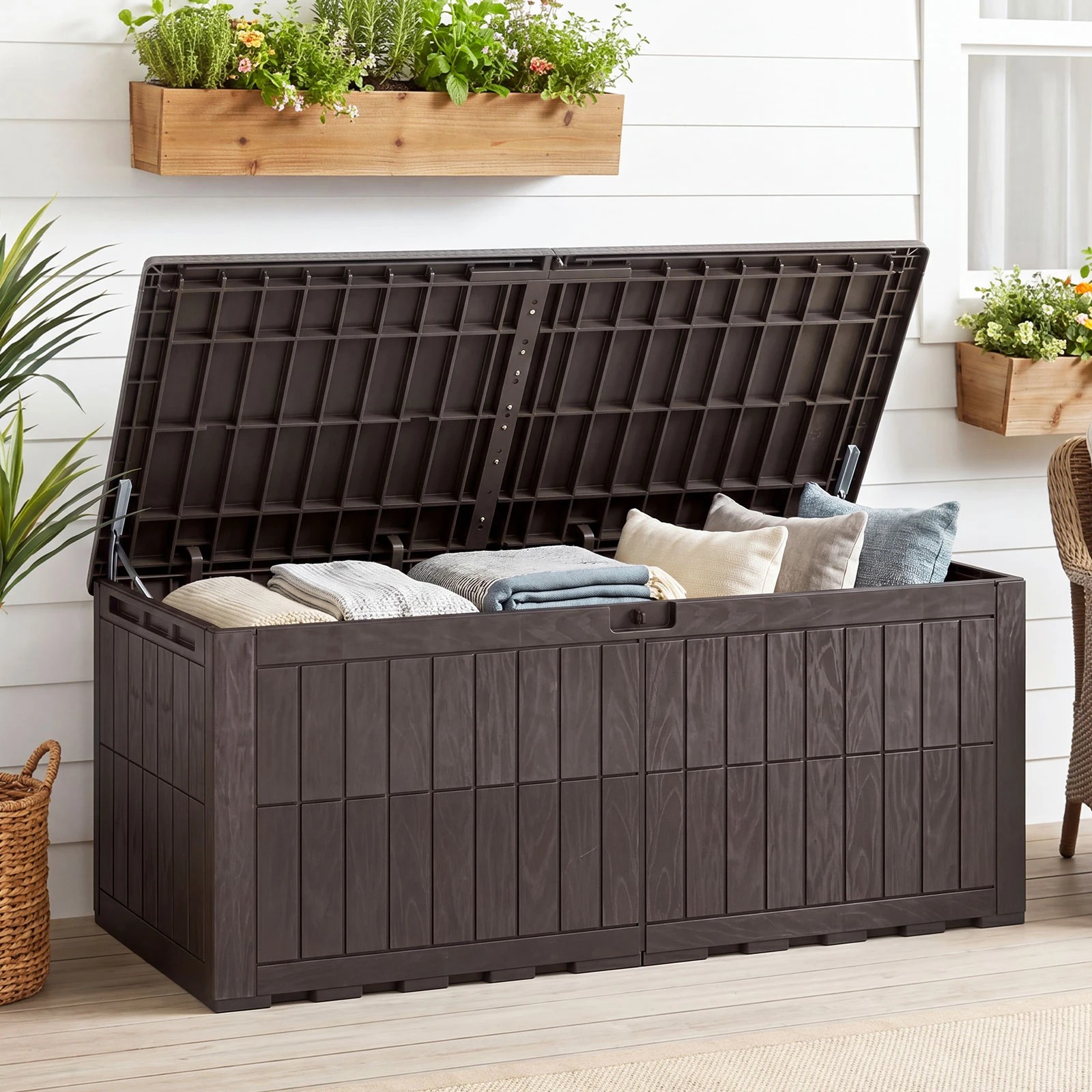 5 Costway 680L Outdoor Deck Box Patio Bench All-Weather Storage Bin w/Handles - Brown, 5 of 6