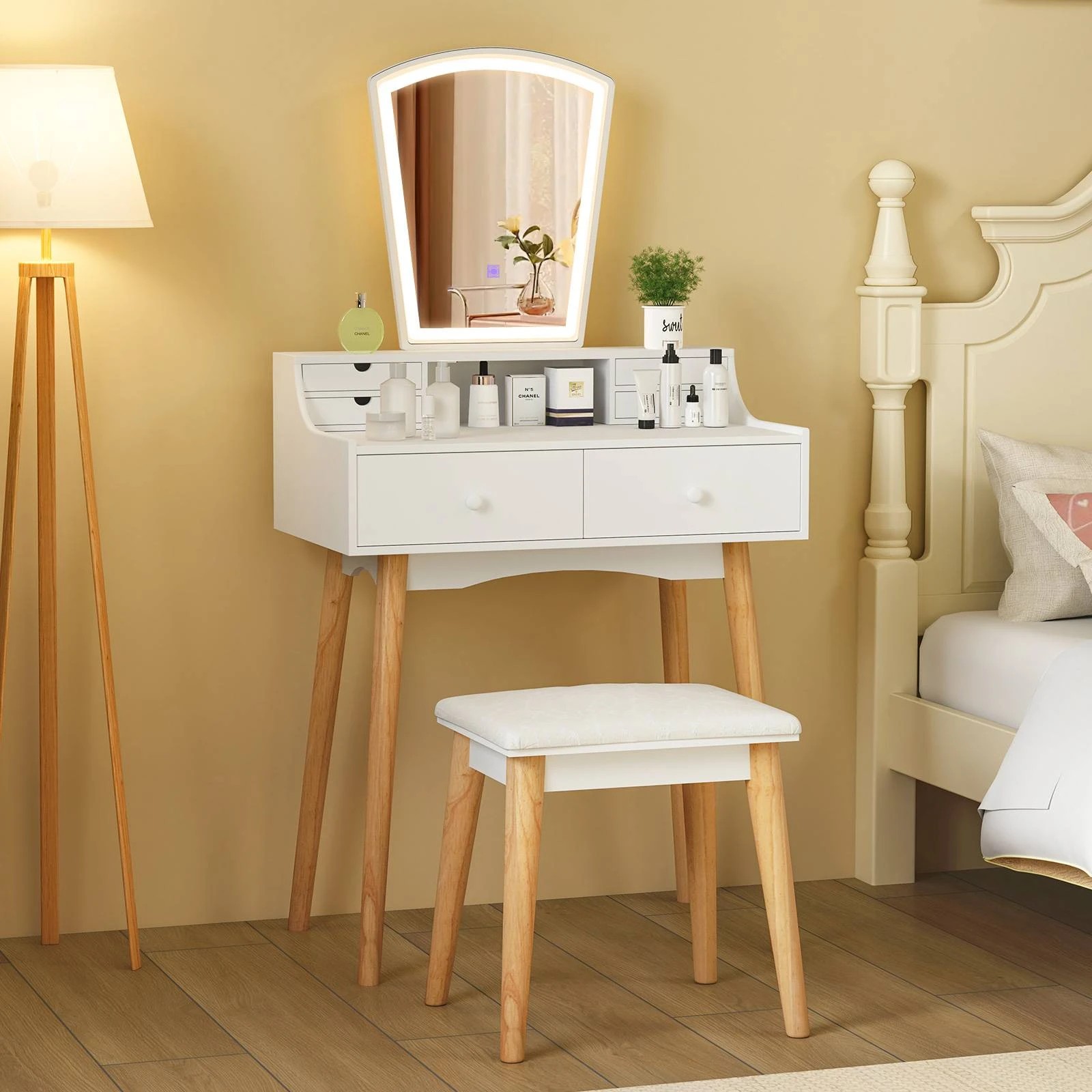 2 Costway Vanity Table Set Wood Dressing Vanity Table Set w/Mirror & Cushioned Stool, 2 of 4