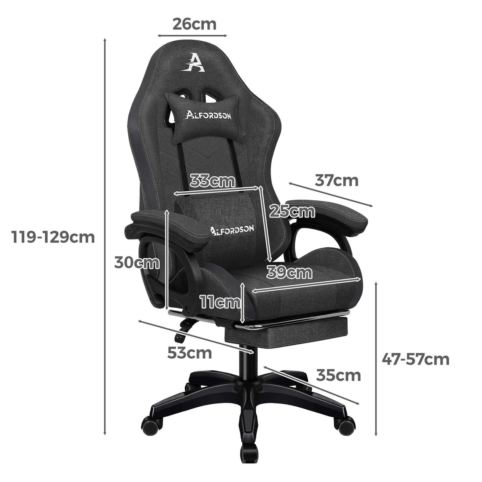 8 Alfordson Gaming Chair Office 12 RGB LED Massage Computer Seat Fabric - Grey, 8 of 10