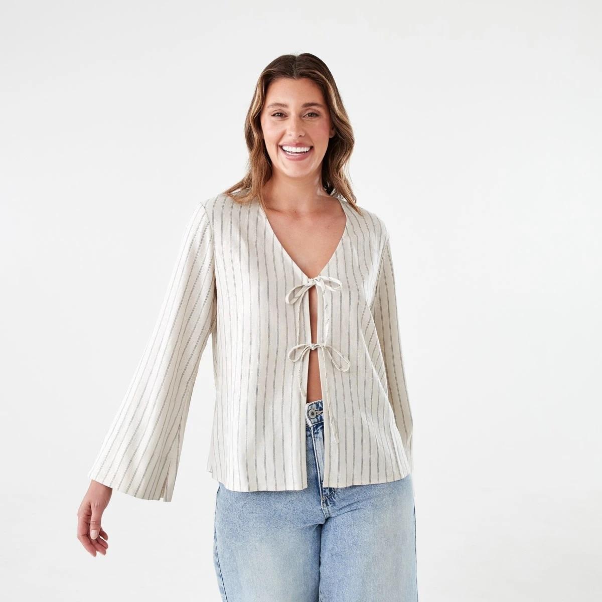 1 Long Sleeve Tie Front Linen Blend Top DOUBLE STRIPE, 1 of 5