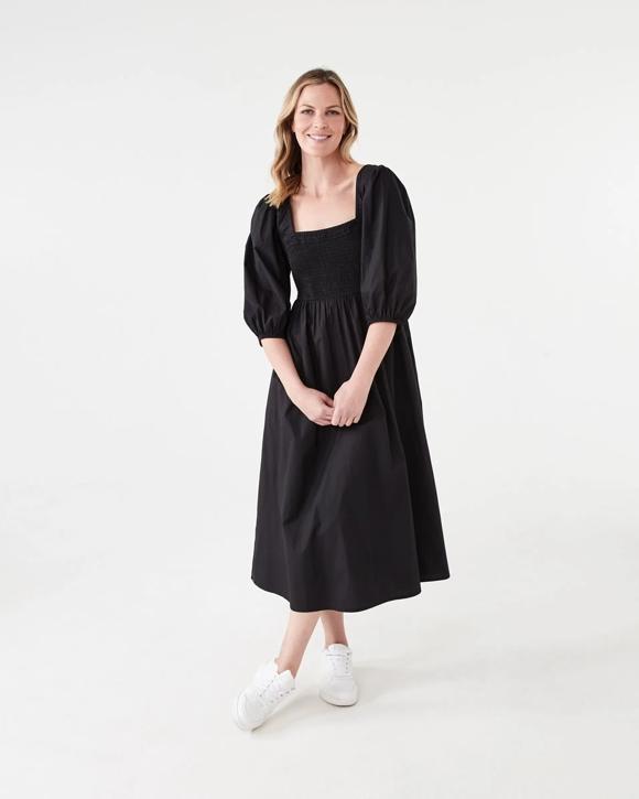 Short Sleeve Shirred Bodice Midi Dress