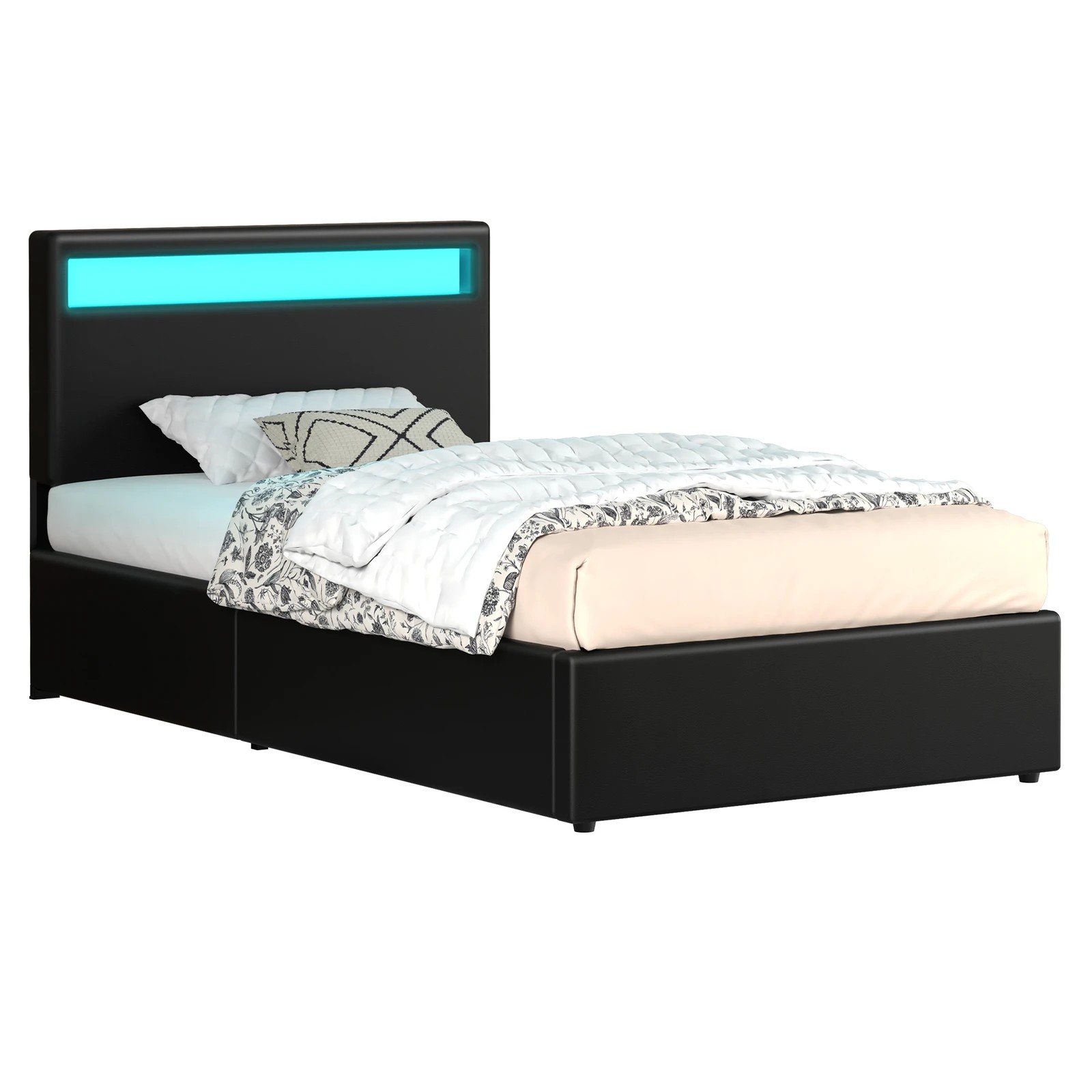 1 Alfordson Bed Frame Single Size RGB LED Gas Lift Storage Base Luchino - Black, 1 of 10