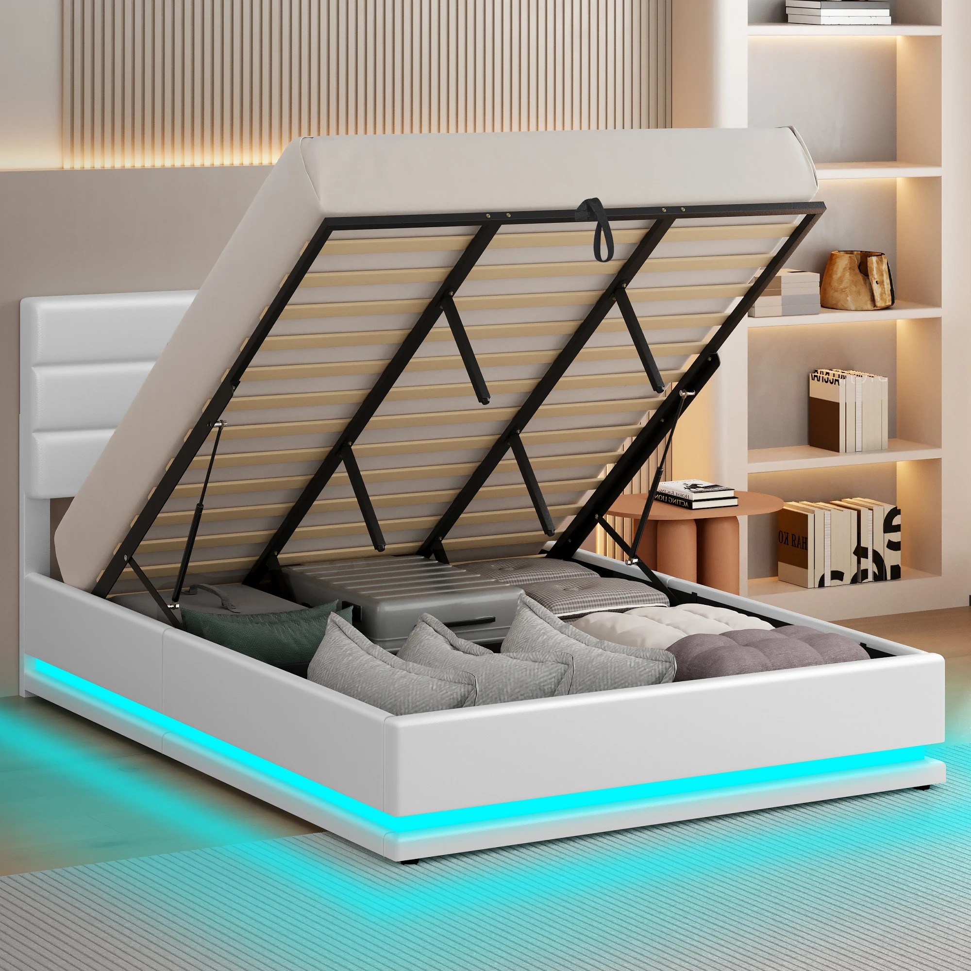 5 Alfordson Bed Frame King Size LED Gas Lift Platform Base Storage - White, 5 of 9