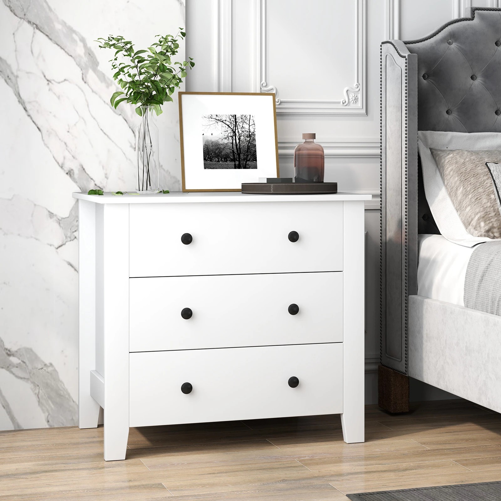 3 Costway 3 Chest of Drawer Bedside Table 3-Drawer Dresser Nightstand Side Cabinet w/Open Shelf - White, 3 of 4