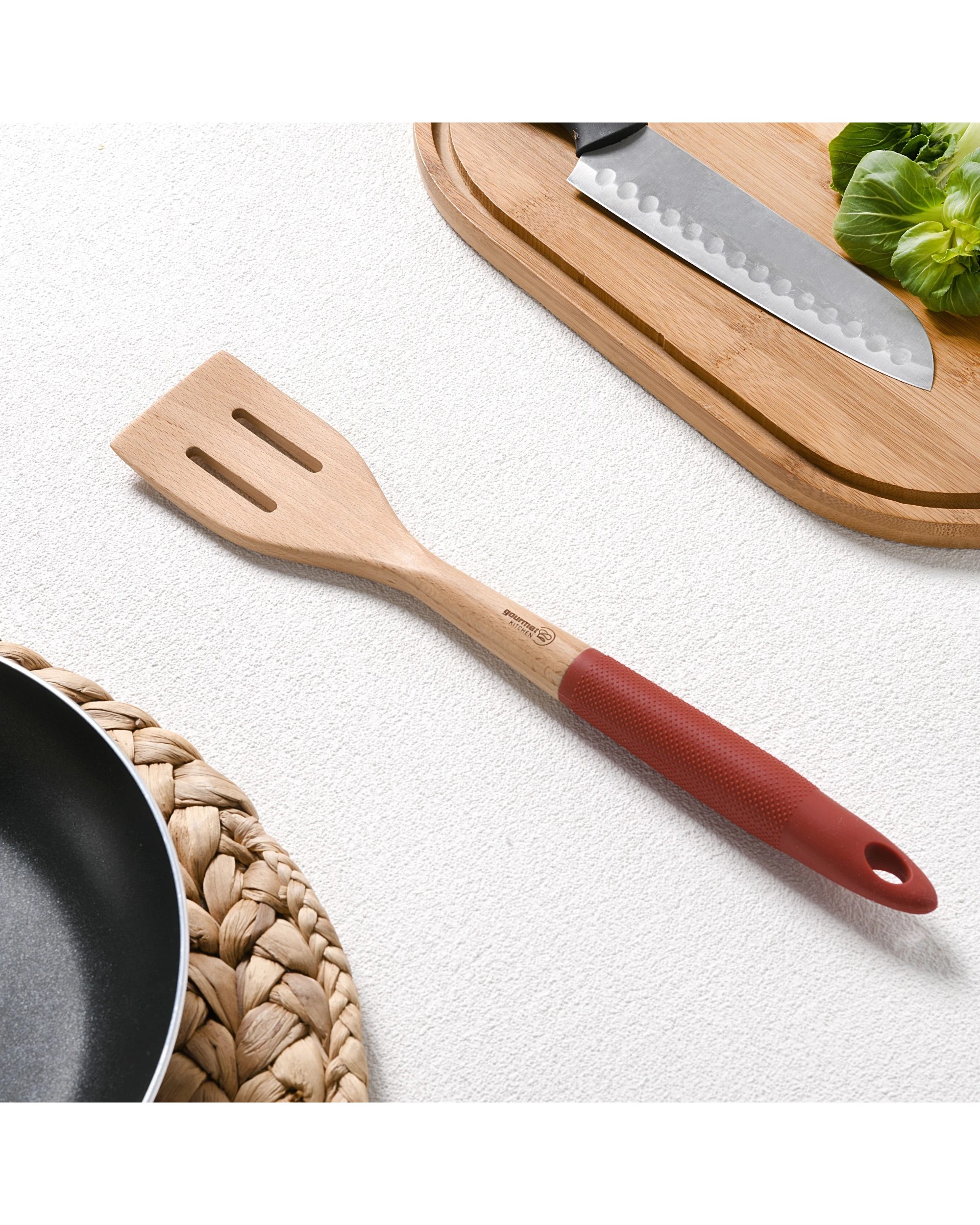 2 Gourmet Kitchen Rustic Beech Wood Slotted Spatula with Silicone Grip - Red, 2 of 8