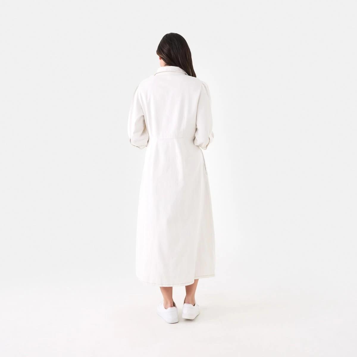 3 Long Sleeve Denim Tea Maxi Dress Ecru, 3 of 6