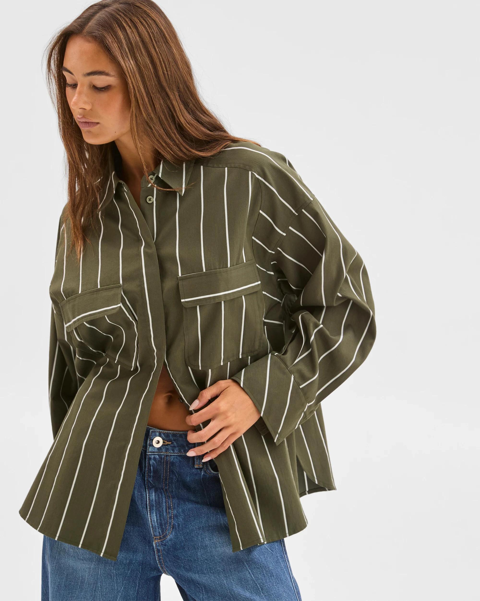 1 Lily Loves Australian Cotton Blend Oversized Shirt GREEN STRIPE, 1 of 7