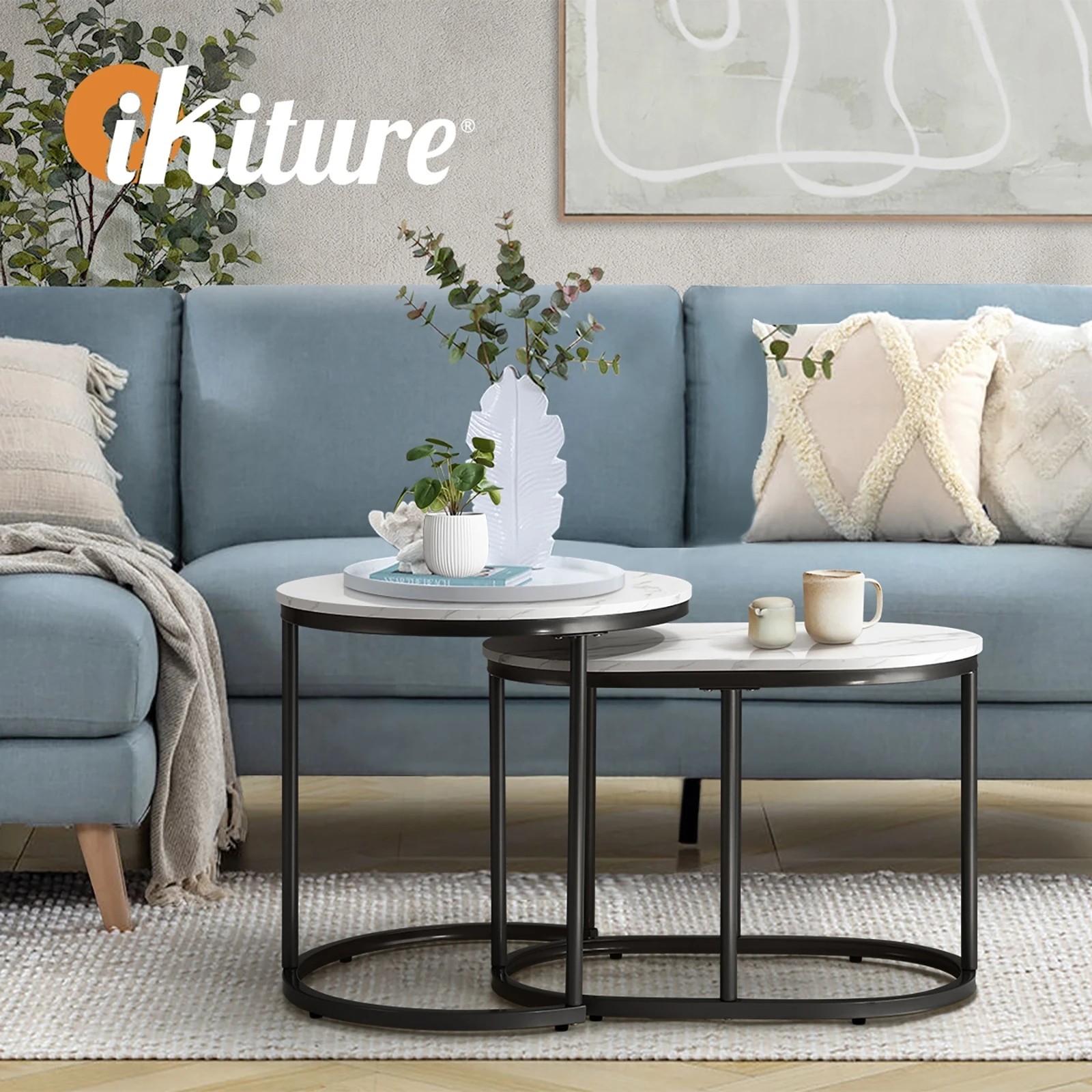 5 Oikiture Set Of 2 Coffee Table Round Oval Marble-like Nesting Side Tables
 - Multi, 5 of 10