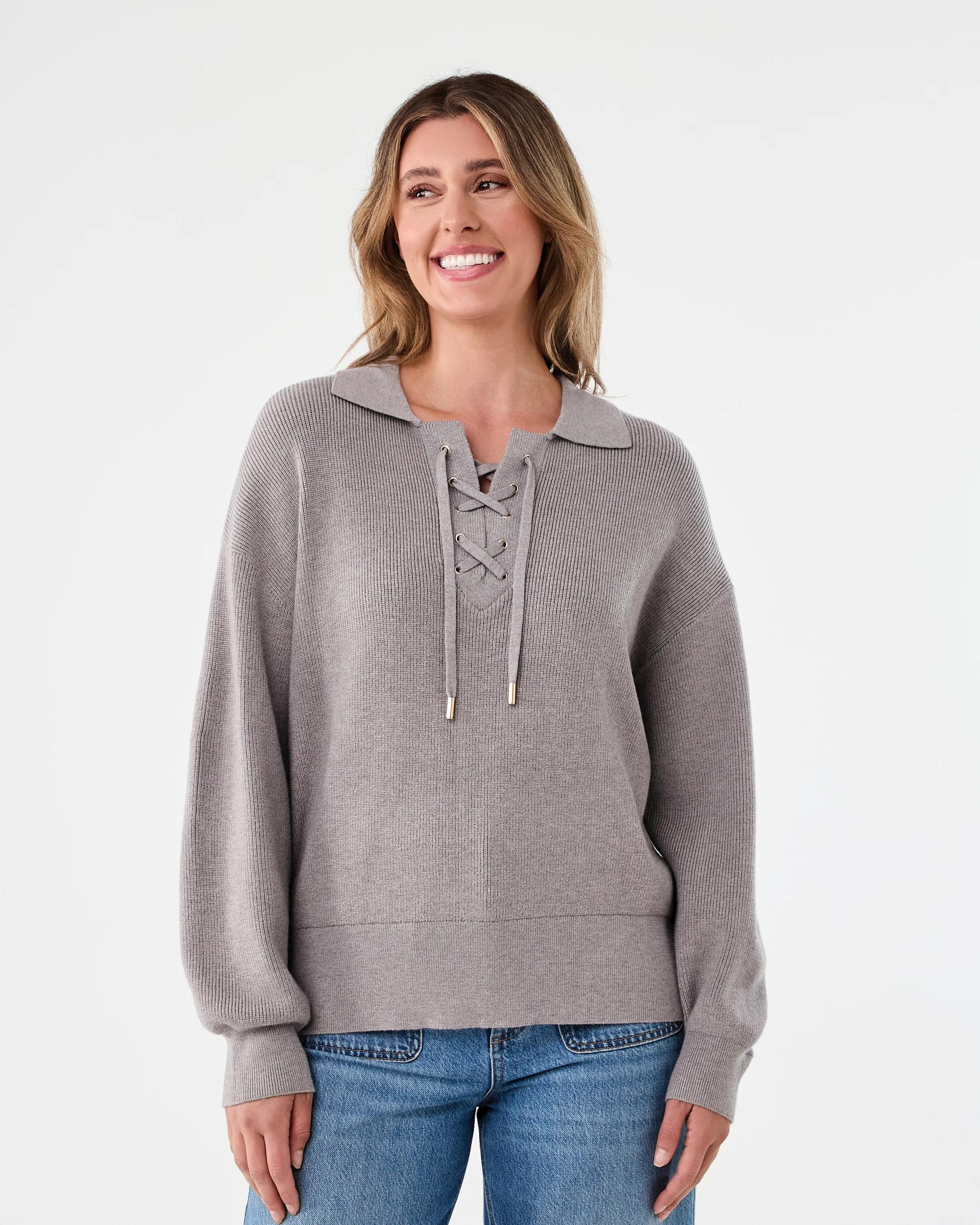 1 Lace Up Rib Jumper Grey Taupe, 1 of 6