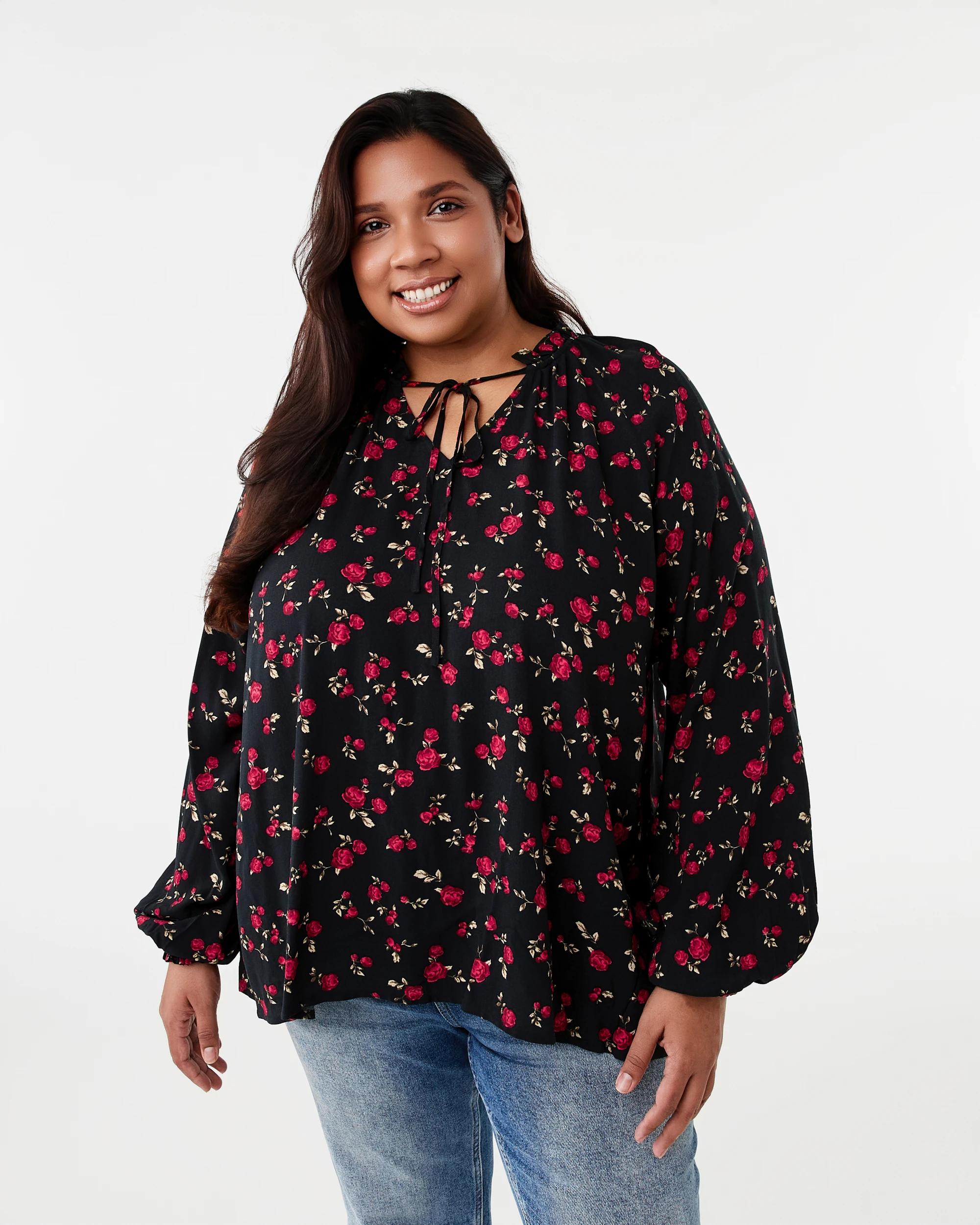 1 Curve Long Sleeve Tie Front Blouse Ditsy Rose, 1 of 6