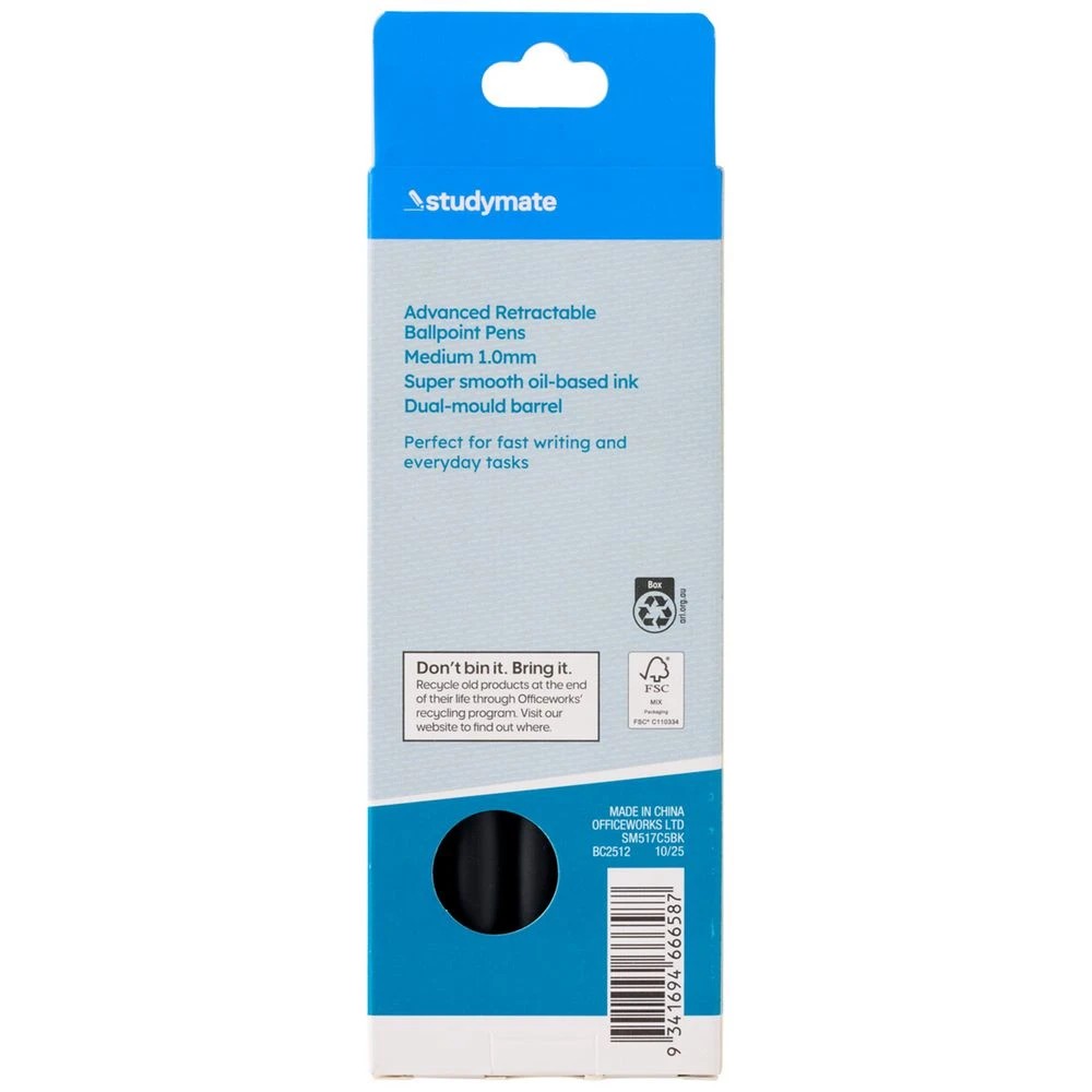 2 Studymate Semi-Gel Retractable Ballpoint Pen Black 5 Pack, 2 of 4