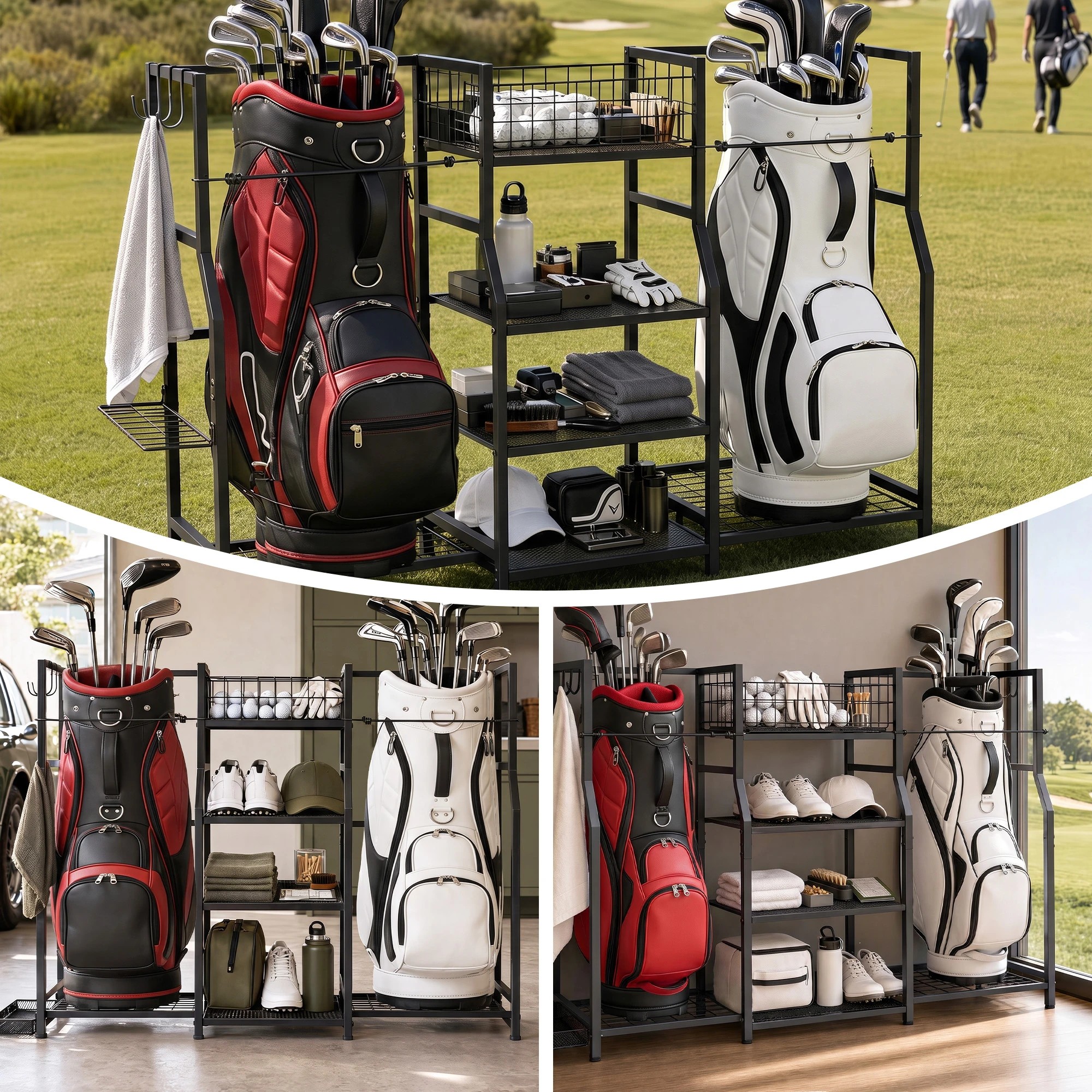 6 Everfit Golf Bag Storage Golfing Equipment Rack Holds 2 Bags 16 Clubs - Black, 6 of 8