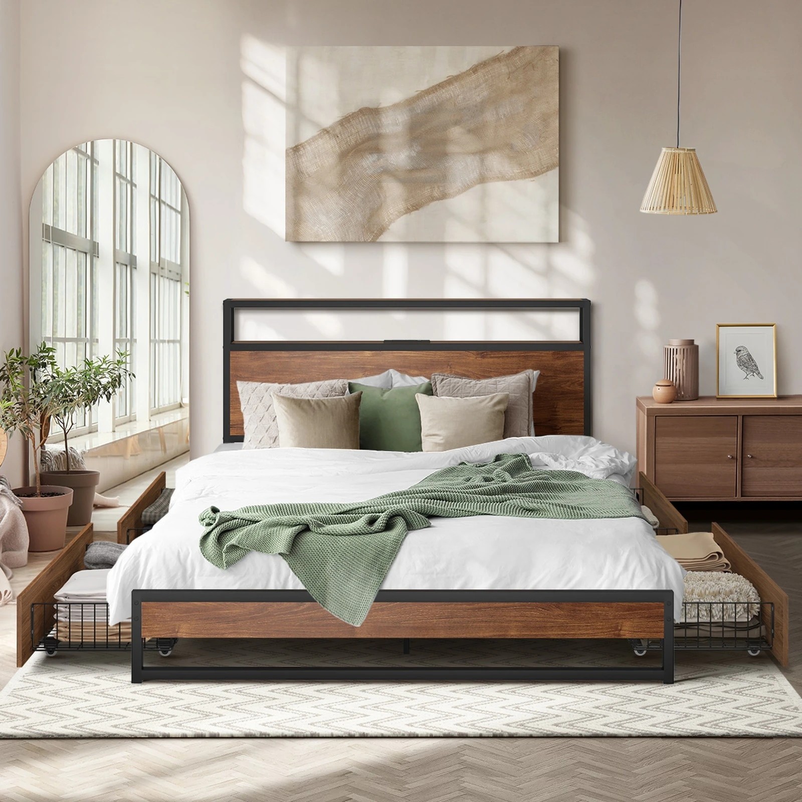 4 Oikiture Metal Bed Frame King Size With Led Headboard Storage Drawers Usb
 - Black, 4 of 7