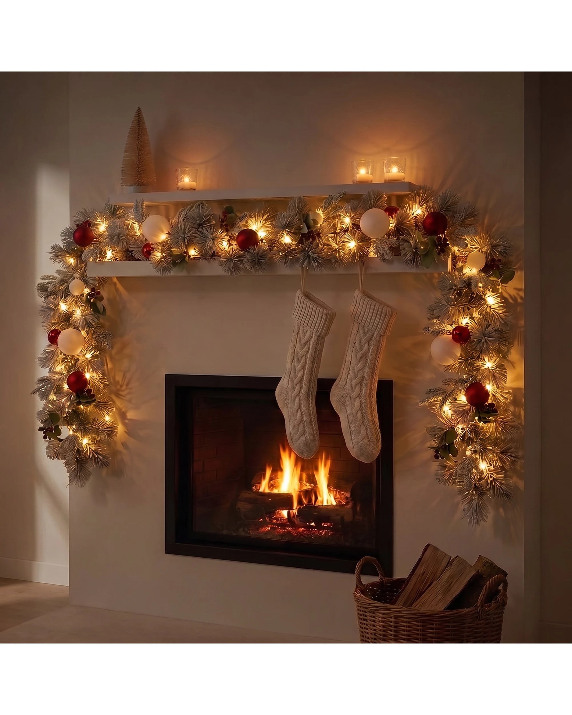 3 Christabelle 2.74m Snowy Elegance Christmas Garland Pre Lit Warm White LED Red Baubles Berries Flocked Mantel Banister, 3 of 7