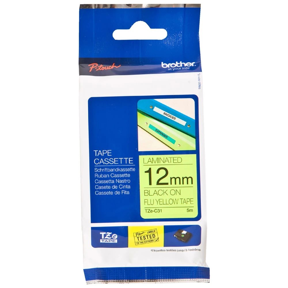 1 Brother TZe-C31 Fluro Tape 12mm x 5m Black on Yellow, 1 of 1