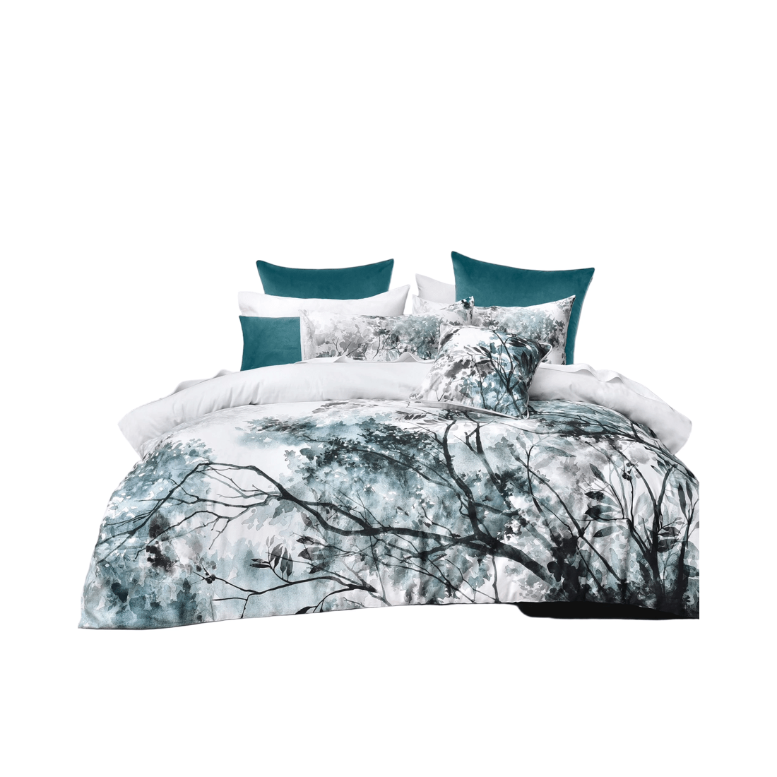 1 Bianca Bedding Sherbrooke Quilt Cover Set, Cotton Sateen White with Teal Print, Queen
 - Queen Bed
 - white, 1 of 4