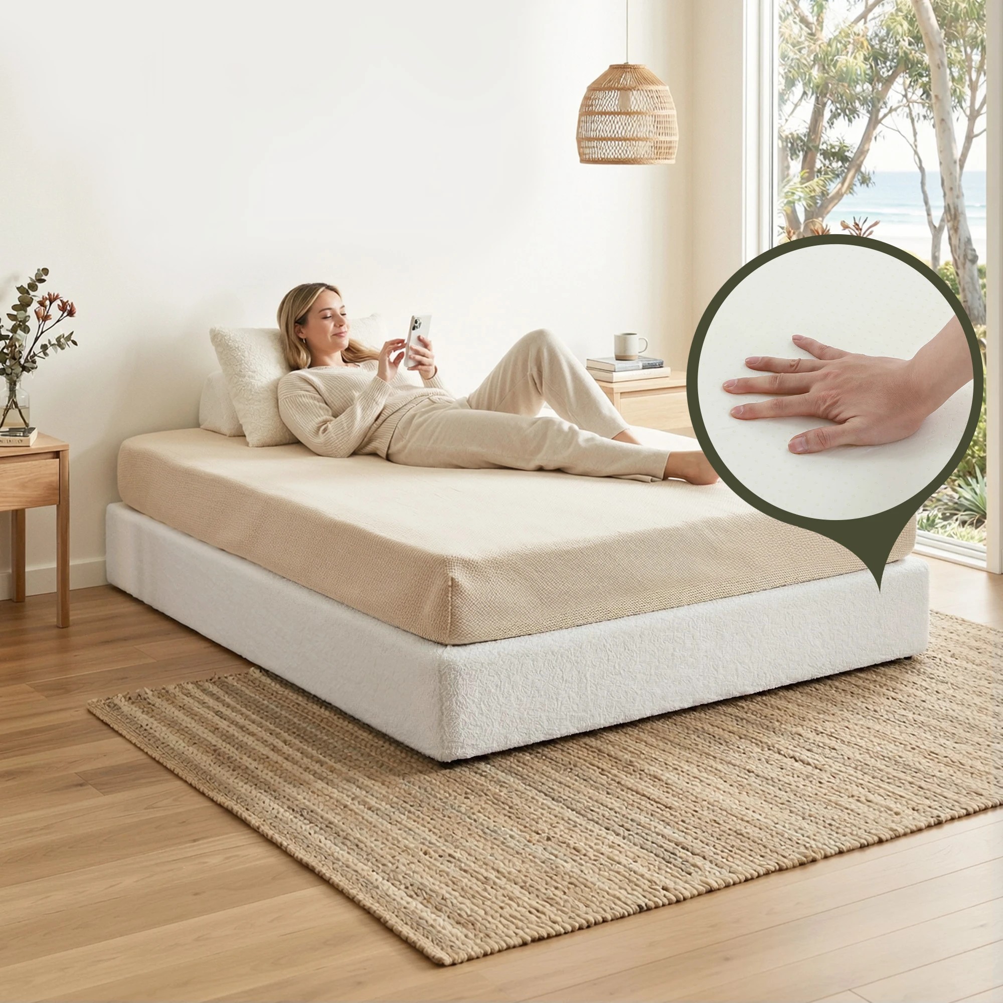 6 Artiss Compression Bed Frame Double Size No Assembly Vacuum High Density Sponge Boucle Cream - White, 6 of 7