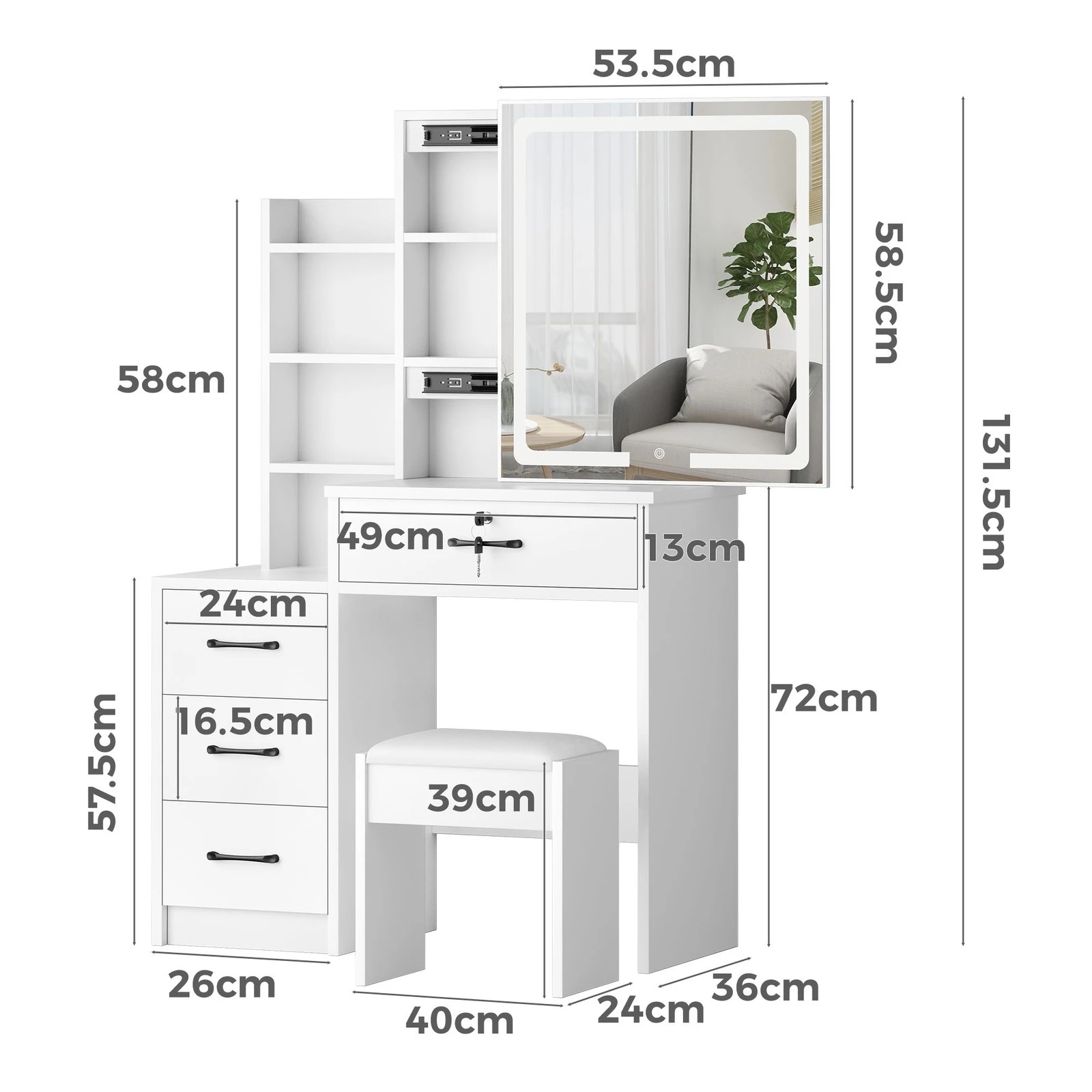 9 Alfordson Dressing Table Stool Set Makeup Mirror Vanity Desk Drawers - White, 9 of 10