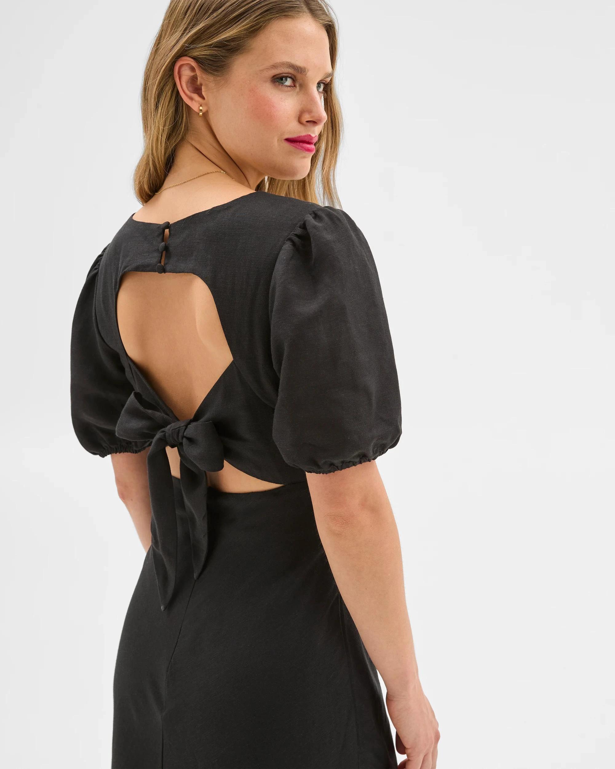 6 European Linen Blend Puff Sleeve Midi Dress - Lily Loves BLACK, 6 of 6