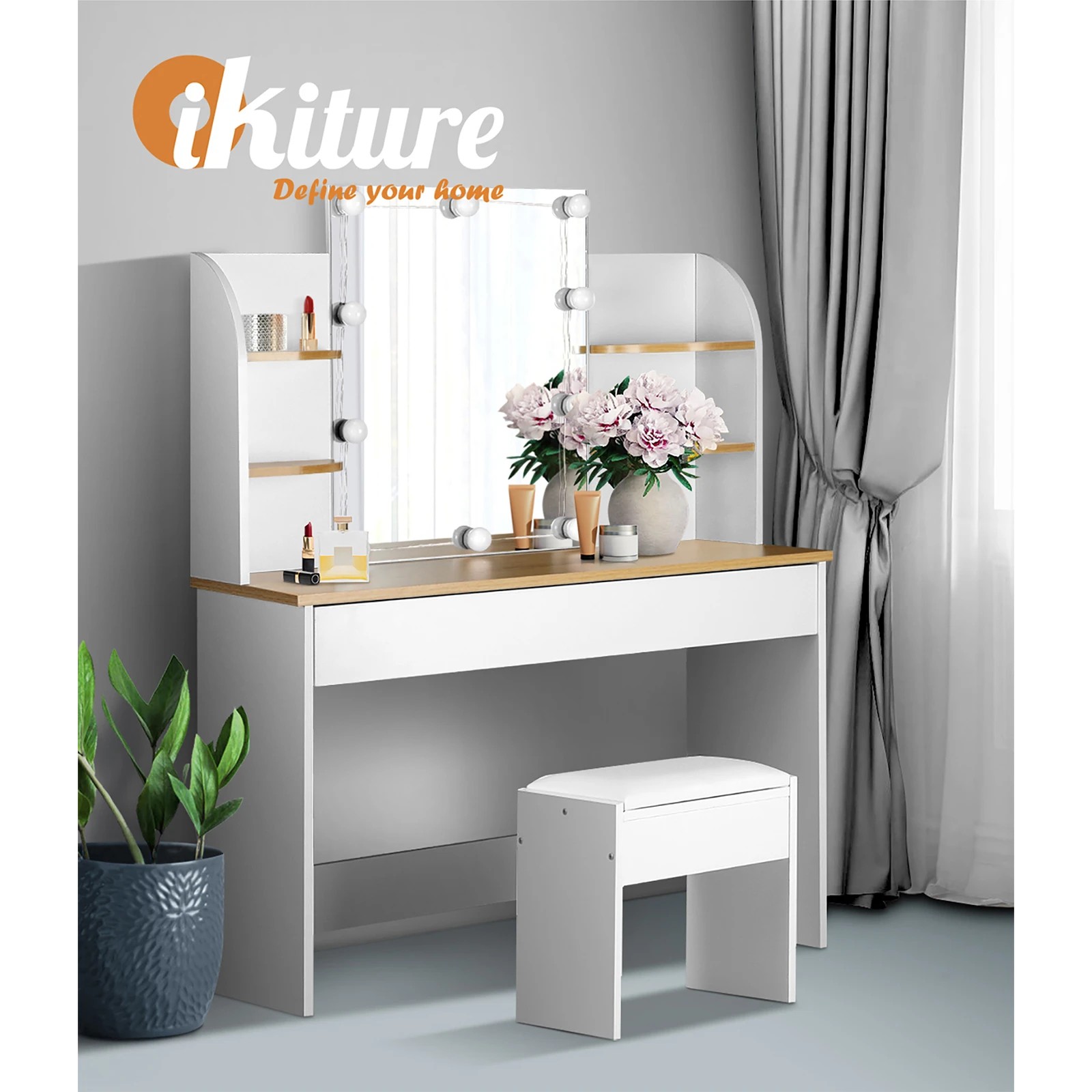 6 Oikiture Dressing Table Stool Set Makeup Mirror Storage Drawer 10led Bulbs
 - White, 6 of 9