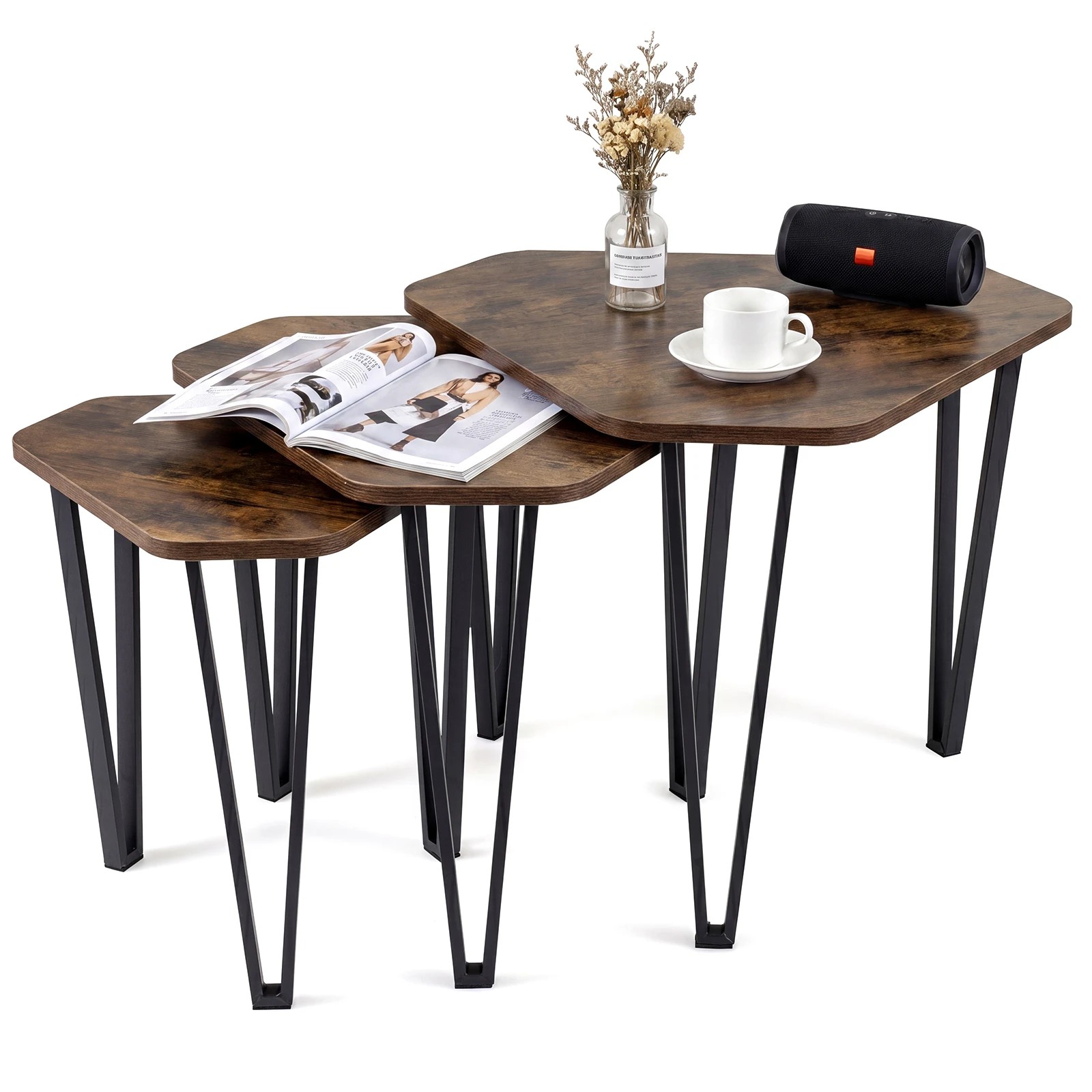 6 Costway Industrial Nesting Coffee Table Set of 3 Stacking Sofa Side Table Set, 6 of 6