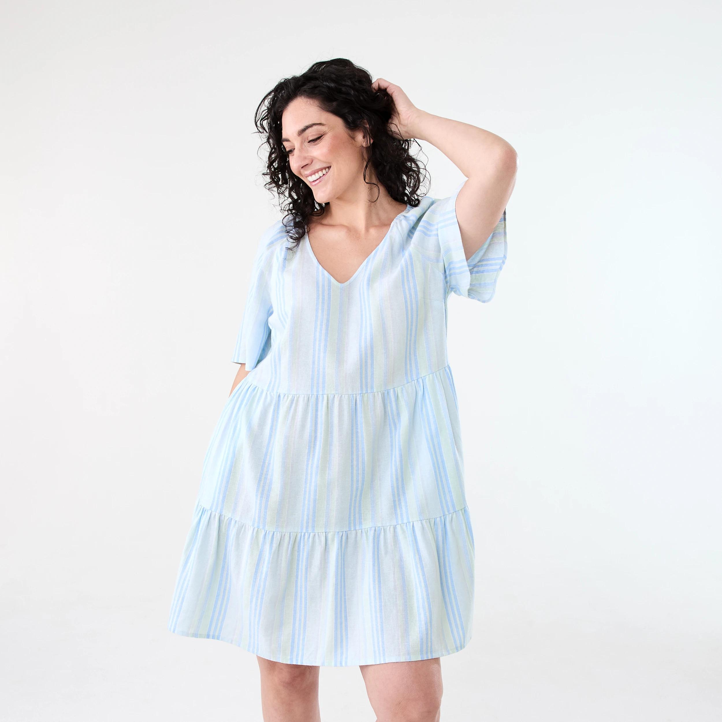 1 Short Sleeve Linen Blend Tiered Mini Dress Strp Spun, 1 of 9
