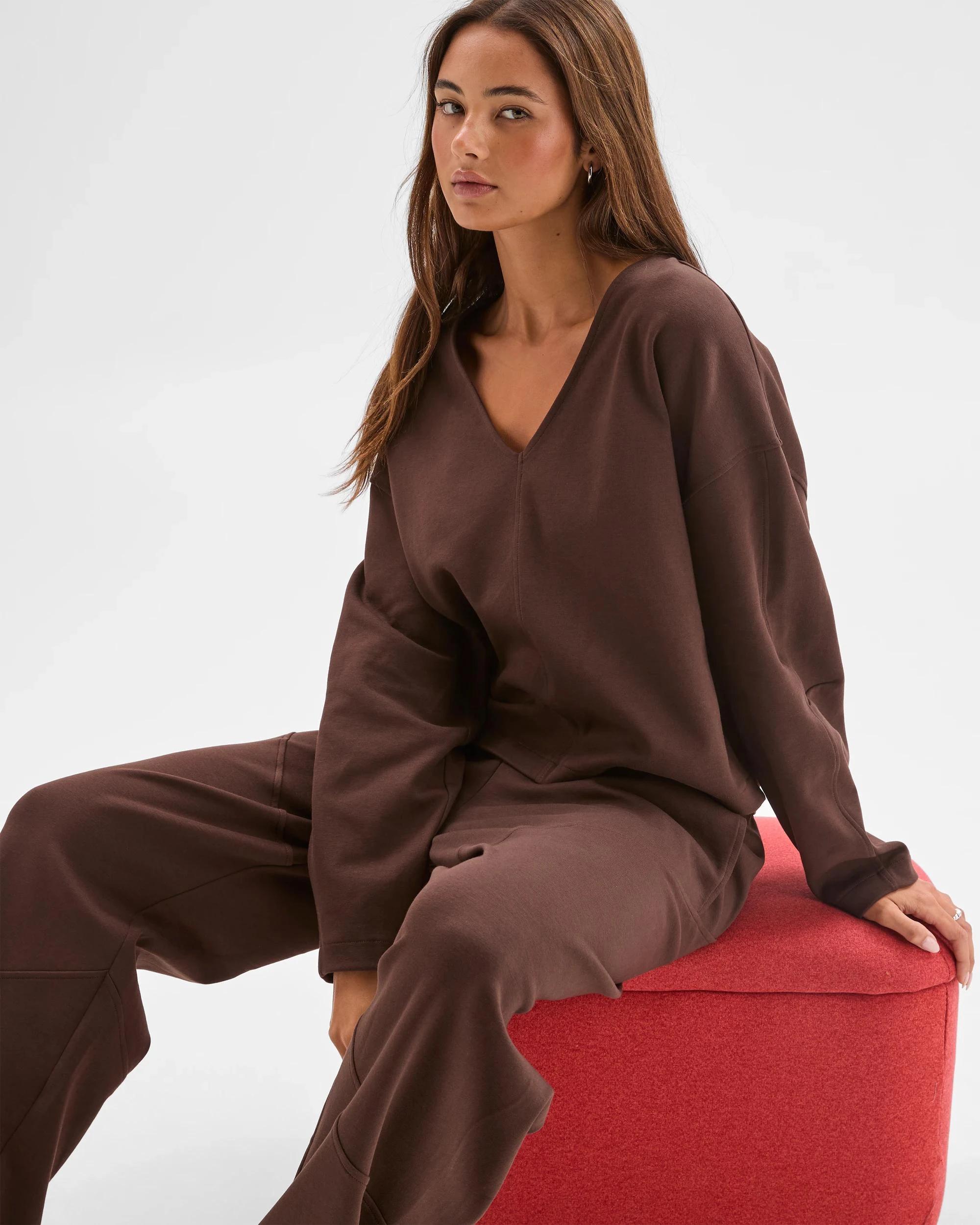 1 Lily Loves Australian Cotton Blend V-Neck Jumper COFFEE BEAN, 1 of 6