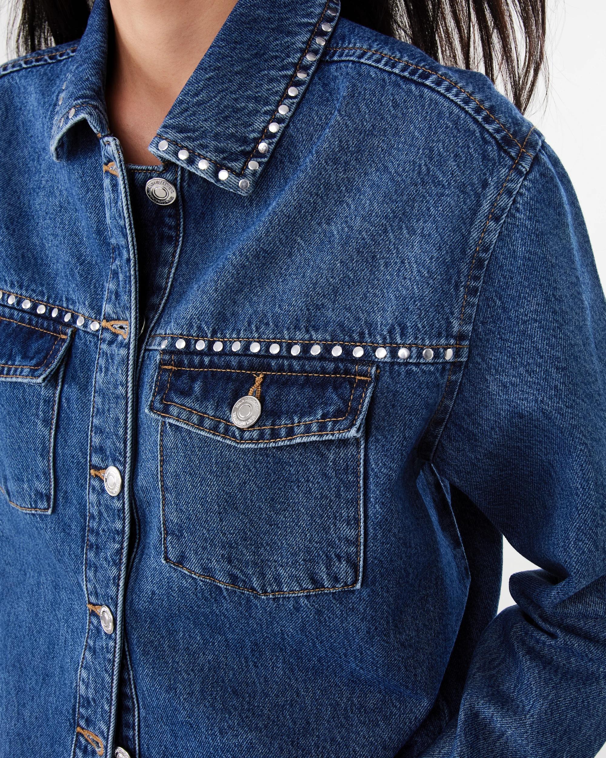 7 Long Sleeve Studded Denim Shirt Mid Wash, 7 of 9