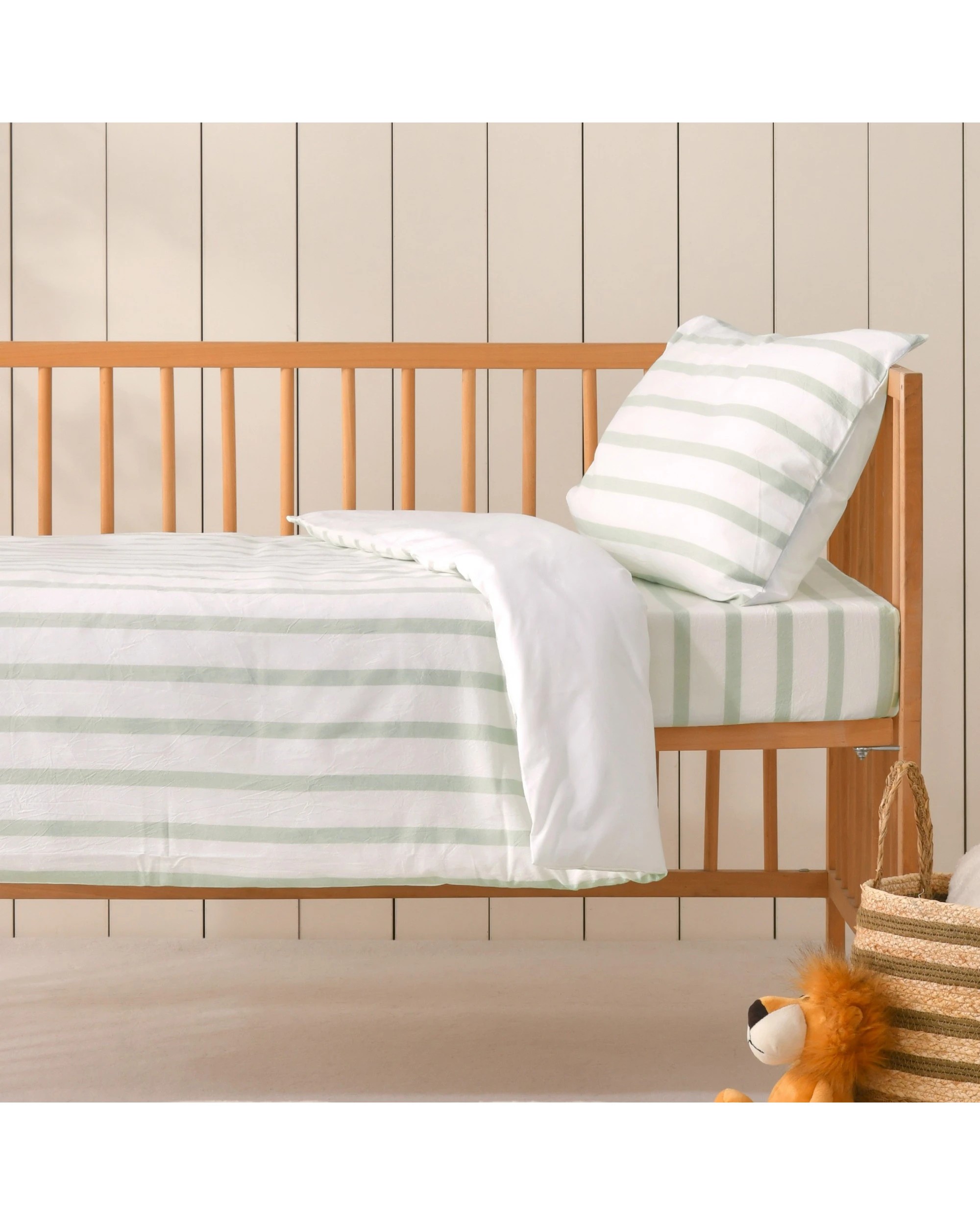1 Dreamaker Baby Bask Washed Cotton Yarn Dyed Stripe Quilt Cover Set - COT Size - Sage, 1 of 7