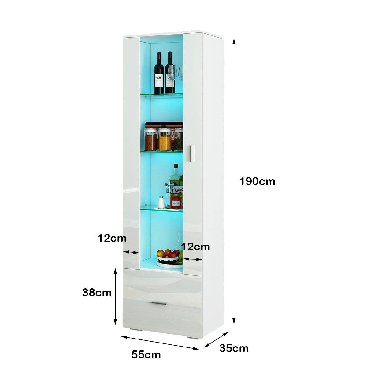 7 AUSWAY 190cm Wood Tall Side Cabinet with Thick Glass Shelves 1 Drawer High Gloss Front White, 7 of 7