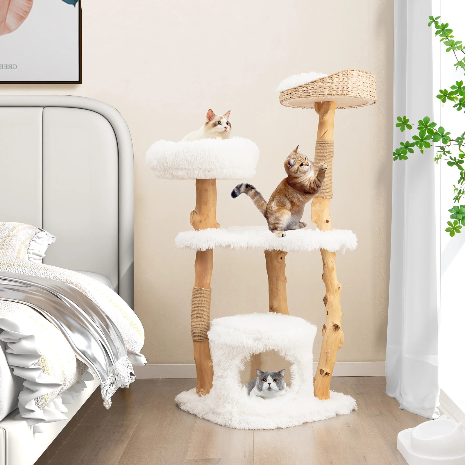 5 Costway 1.24M Solid Wood Cat Tree Kitten Climbing Activity Tower w/Scratching Post, 5 of 6