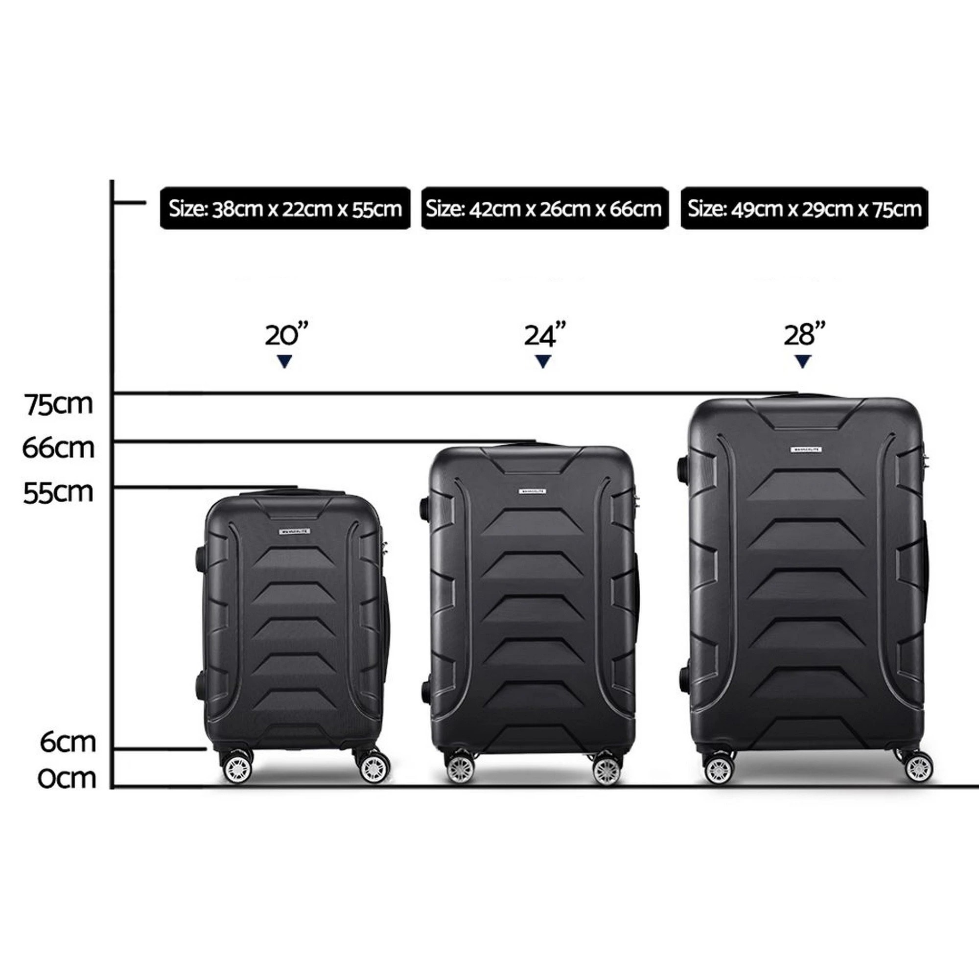 3 Wanderlite 3pc Luggage Trolley Travel Suitcase Set TSA Hard Case Lightweight - Black, 3 of 8