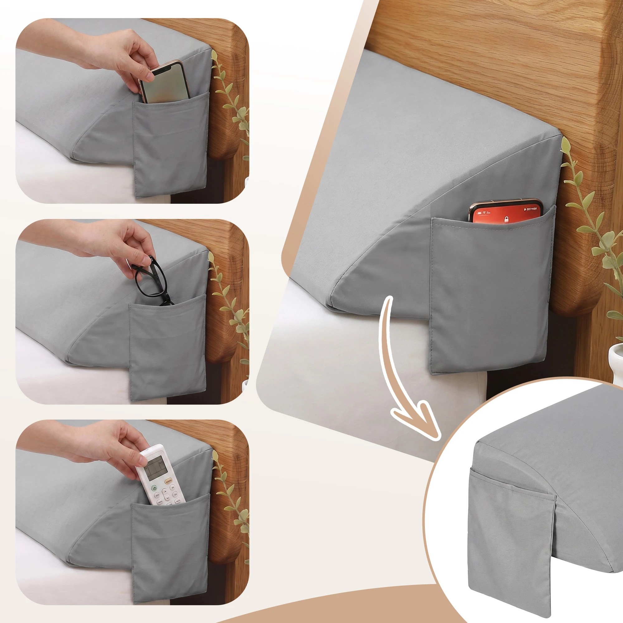 6 Giselle Bedding Wedge Pillow for Headboard, 25D Foam Filler With 2 Pockets - Queen Bed - Grey, 6 of 10