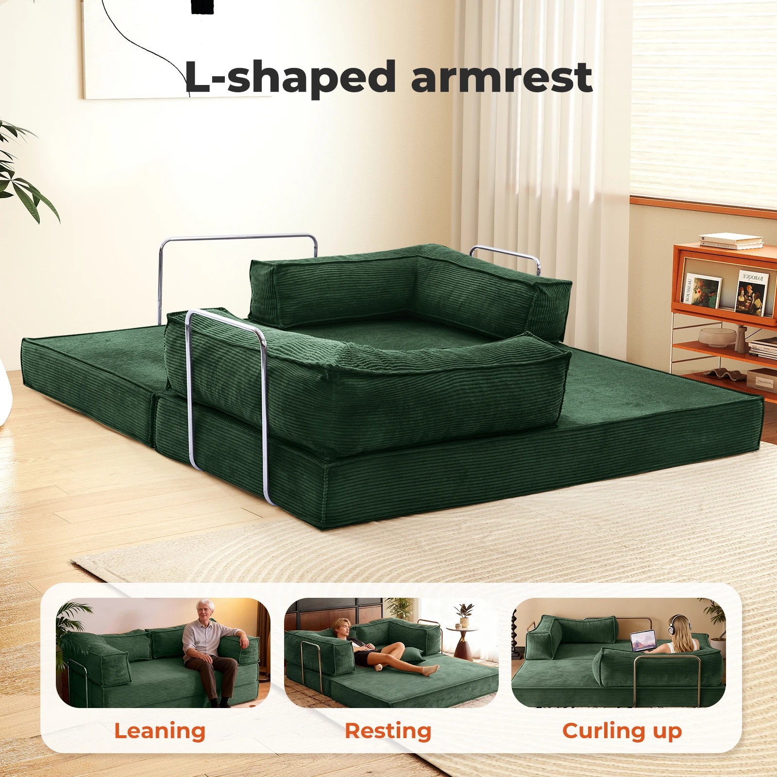 4 Levede 3 Seater 200Cm Double Corduroy Sofa Bed In Dark - Green - Green, 4 of 9