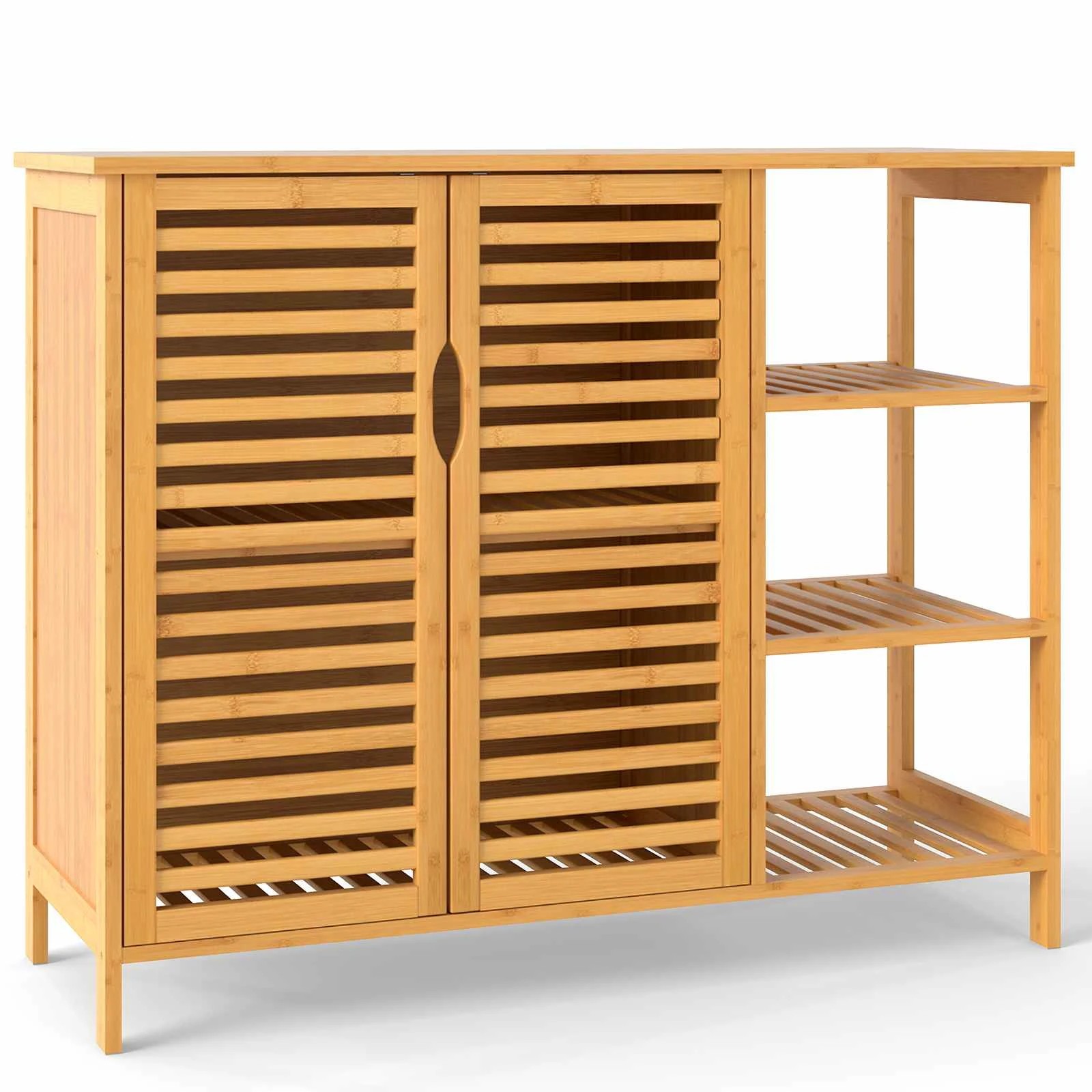 1 Costway Bamboo Bathroom Cabinet w/4-Tier Storage Shelves Freestanding Storage Unit, 1 of 4