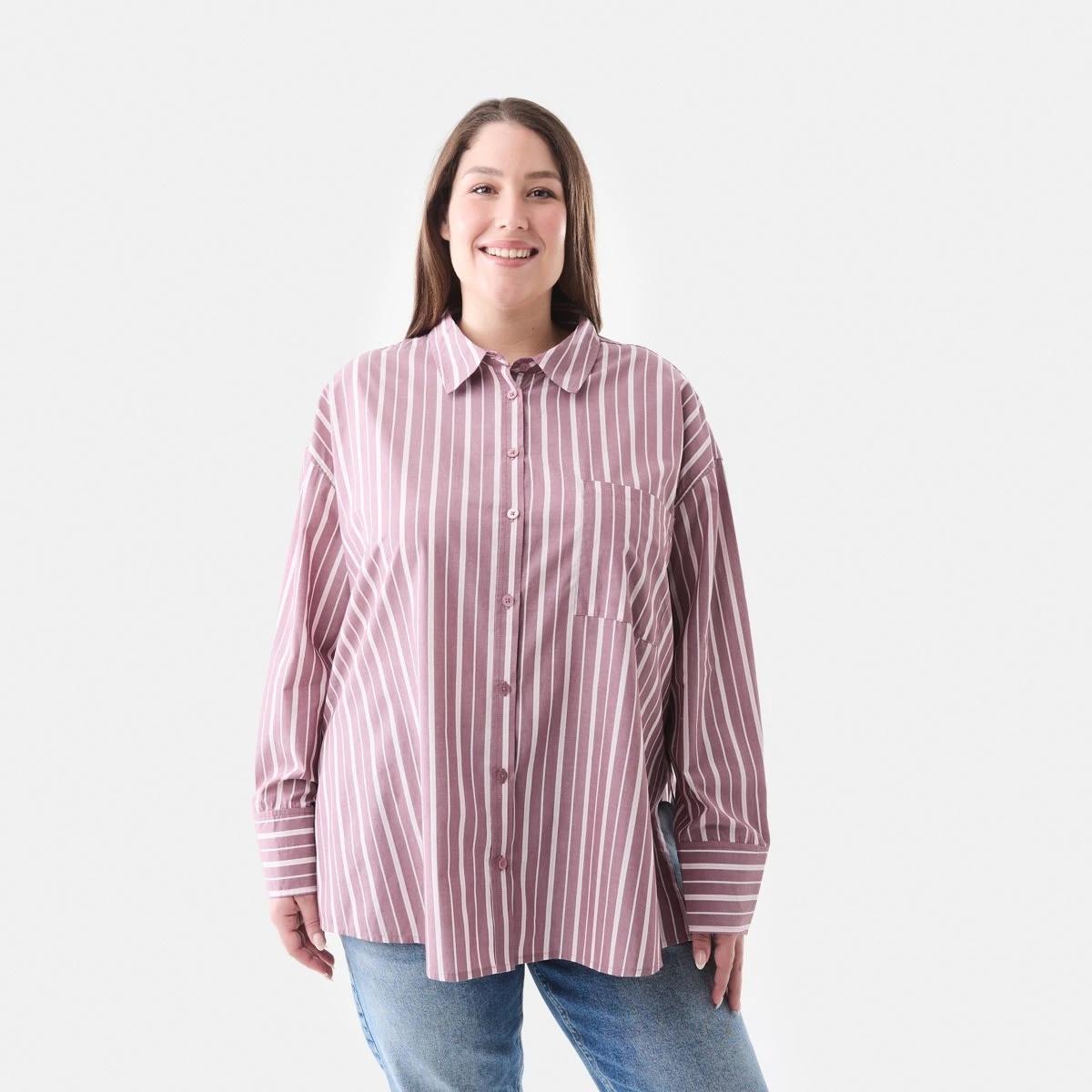 1 Curve Long Sleeve Boyfriend Shirt Berry Strp, 1 of 5