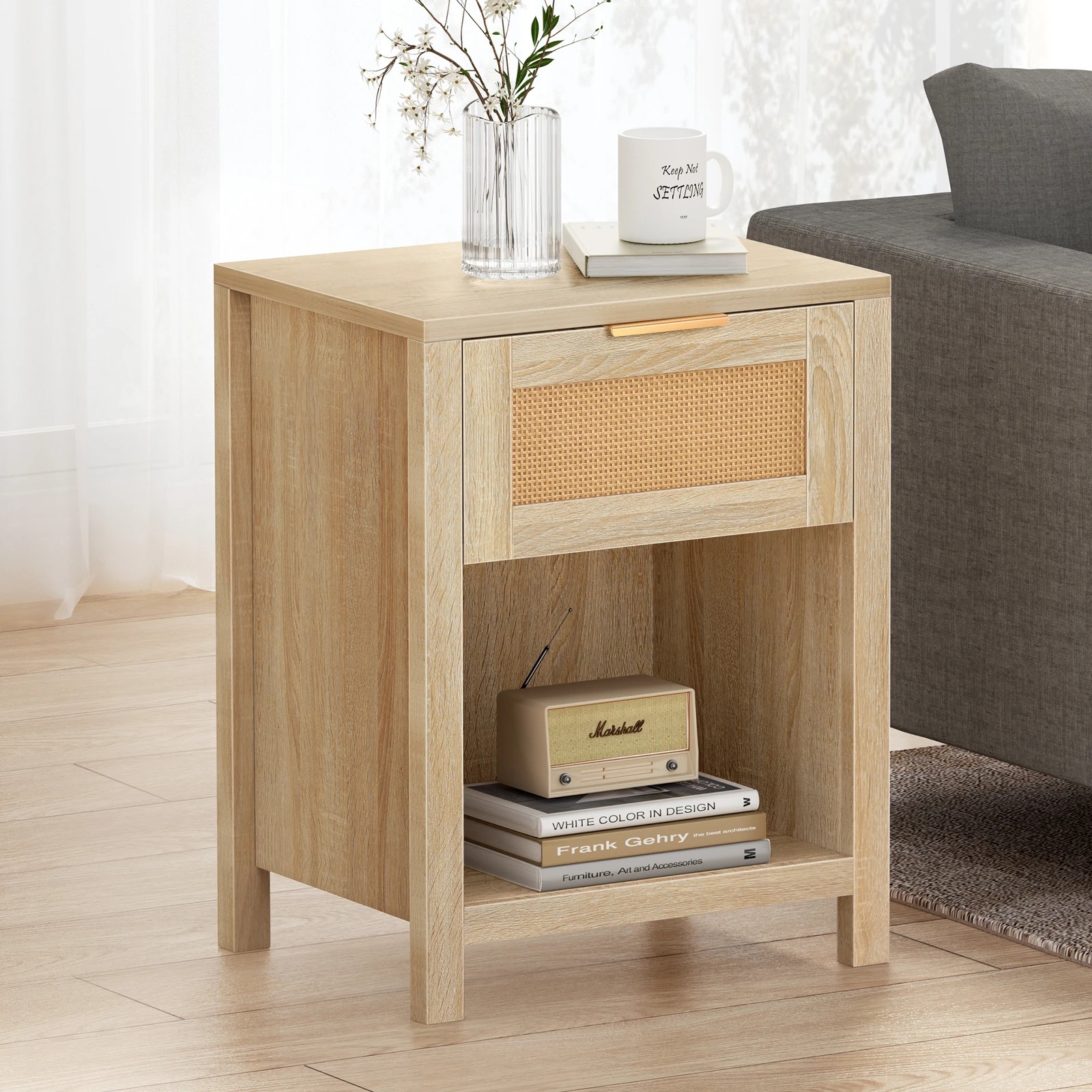 5 Alfordson 2x Bedside Table 1 Drawer Storage Shelf - Oak, 5 of 10