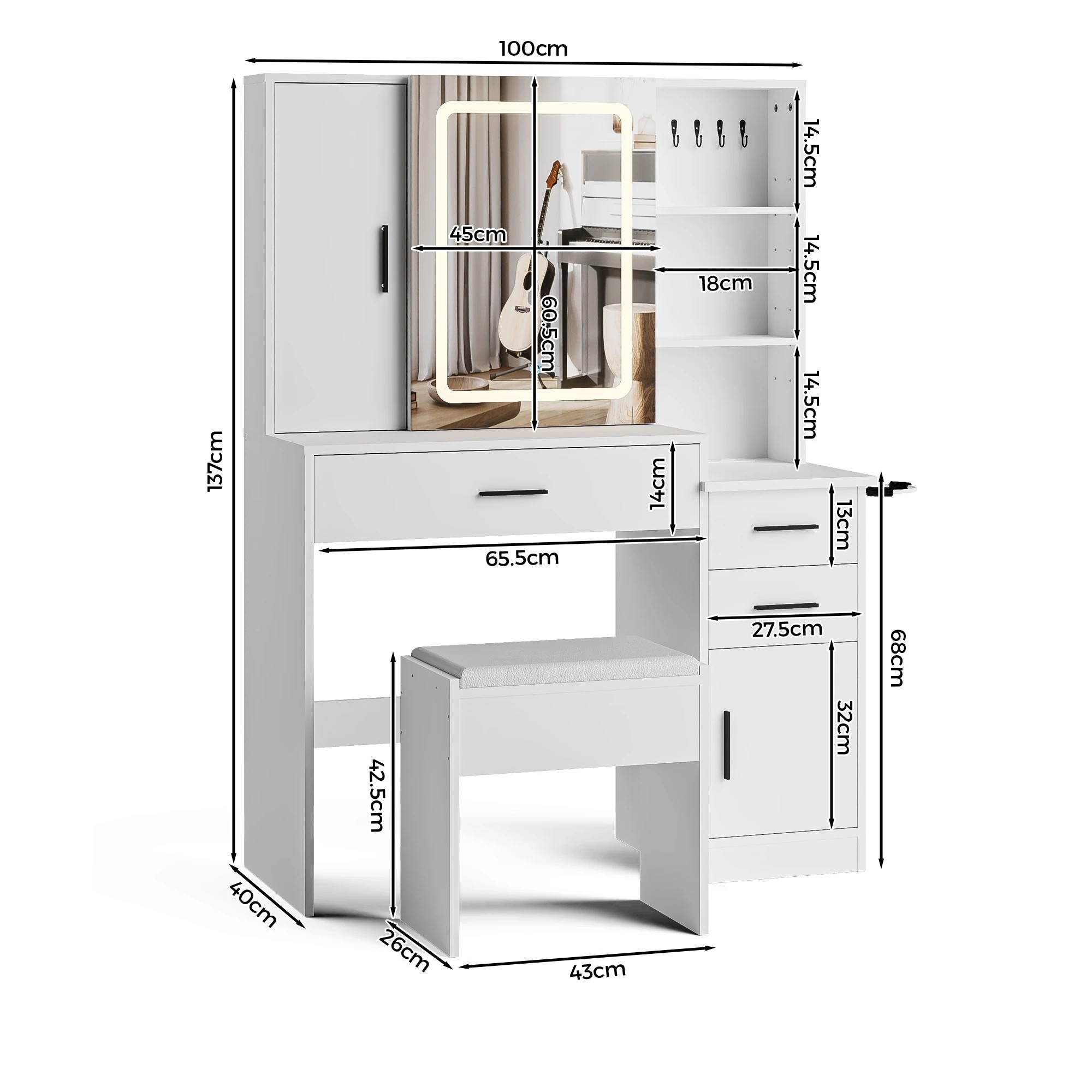 2 Advwin Dressing Table Stool Set With Mirror Led Lights Jewelry Armoire, 2 of 9