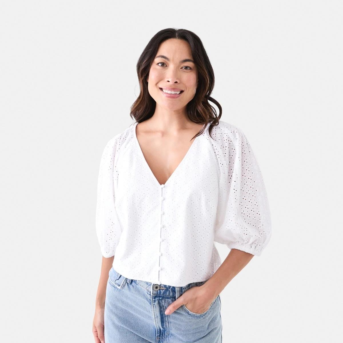 1 Short Sleeve Broderie Button Front Top White, 1 of 6